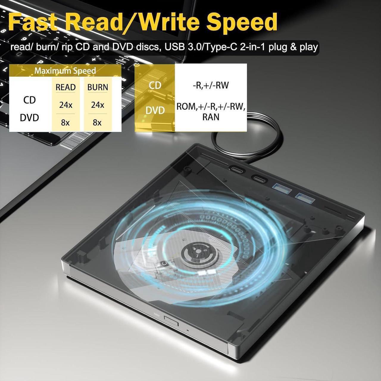 Alt view image 4 of 7 - External CD DVD Drive, 7-in-1 USB 3.0 Type-C DVD Player for Laptop Portable Disk Drive Can for Burn Read Writer Disk Duplicator Compatible with Latptop PC Windows XP/7/8/10, Linux Mac OS