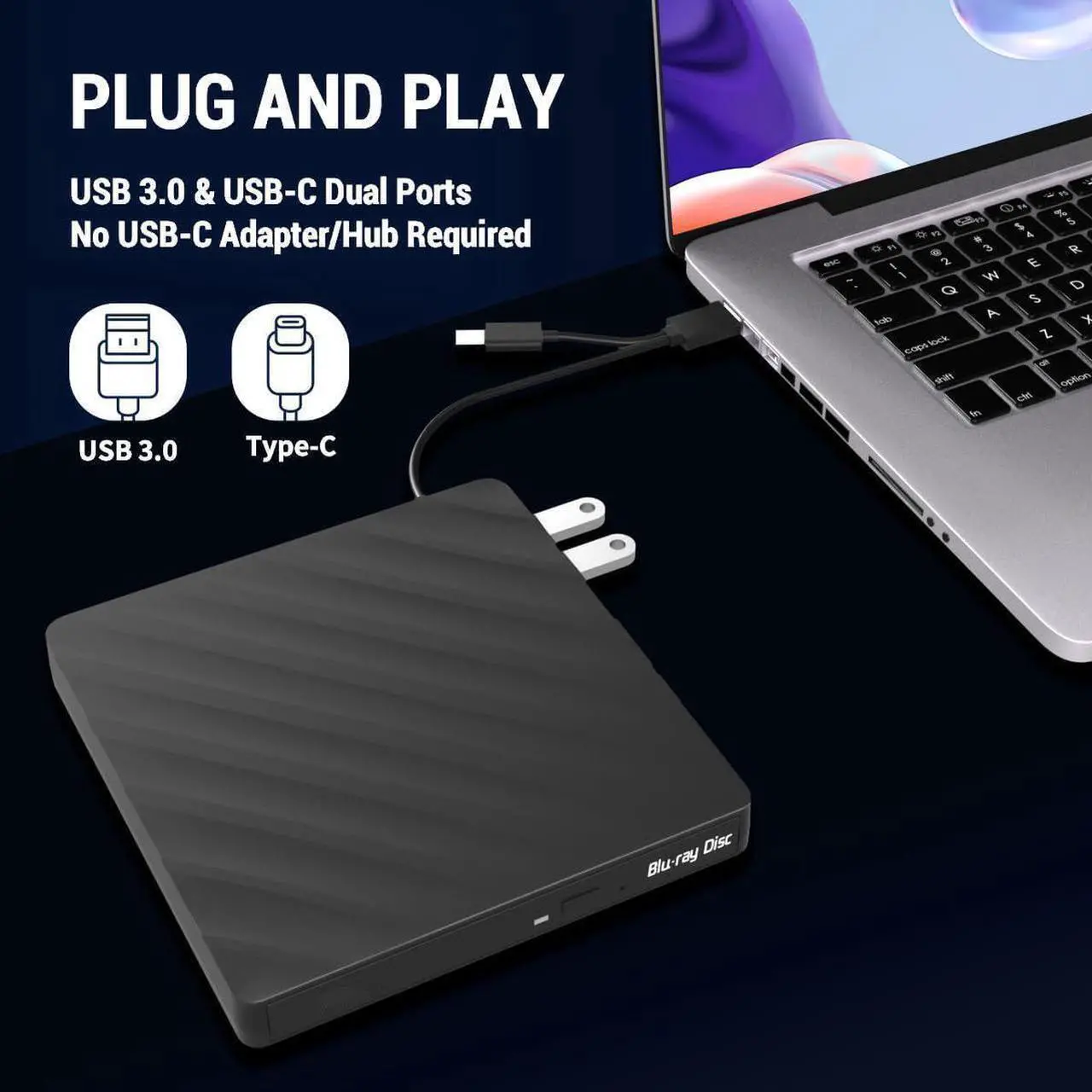 Alt view image 7 of 7 - [5-in-1] External Blu Ray Drive, USB 3.0 Type-C External blu ray Burner Slim Optical CD DVD Drive Burner with SD/TF Card Reader/2 USB 3.0 Hubs for PC Windows XP/7/8/10, MacOS, Laptop, Desktop (Black)