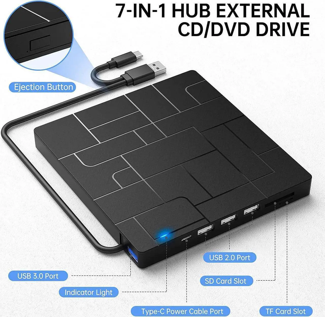 Alt view image 5 of 7 - External CD DVD Drive, USB 3.0 & USB C High Speed Data Transfer Ultra Slim Portable DVD-ROM CD-RW Player, 6-in1 External CD DVD Burner for Laptop with 4 USB Ports, SD/TF Card Slots,1 Type-C Ports