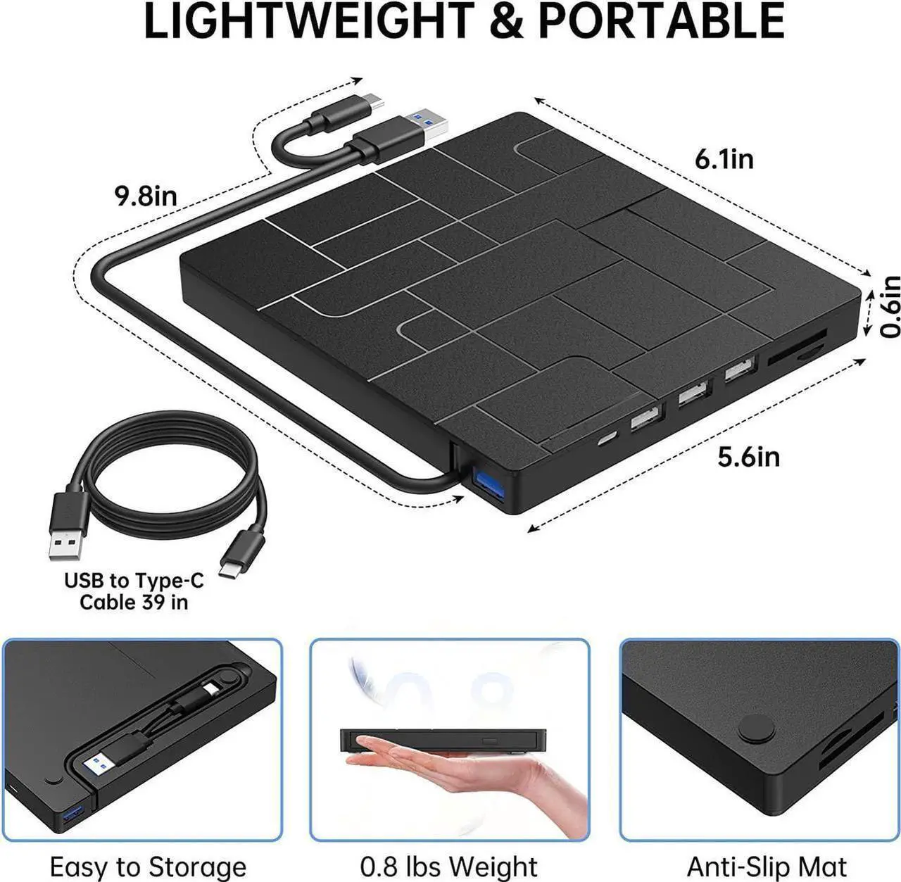 Alt view image 6 of 7 - External CD DVD Drive, USB 3.0 & USB C High Speed Data Transfer Ultra Slim Portable DVD-ROM CD-RW Player, 6-in1 External CD DVD Burner for Laptop with 4 USB Ports, SD/TF Card Slots,1 Type-C Ports