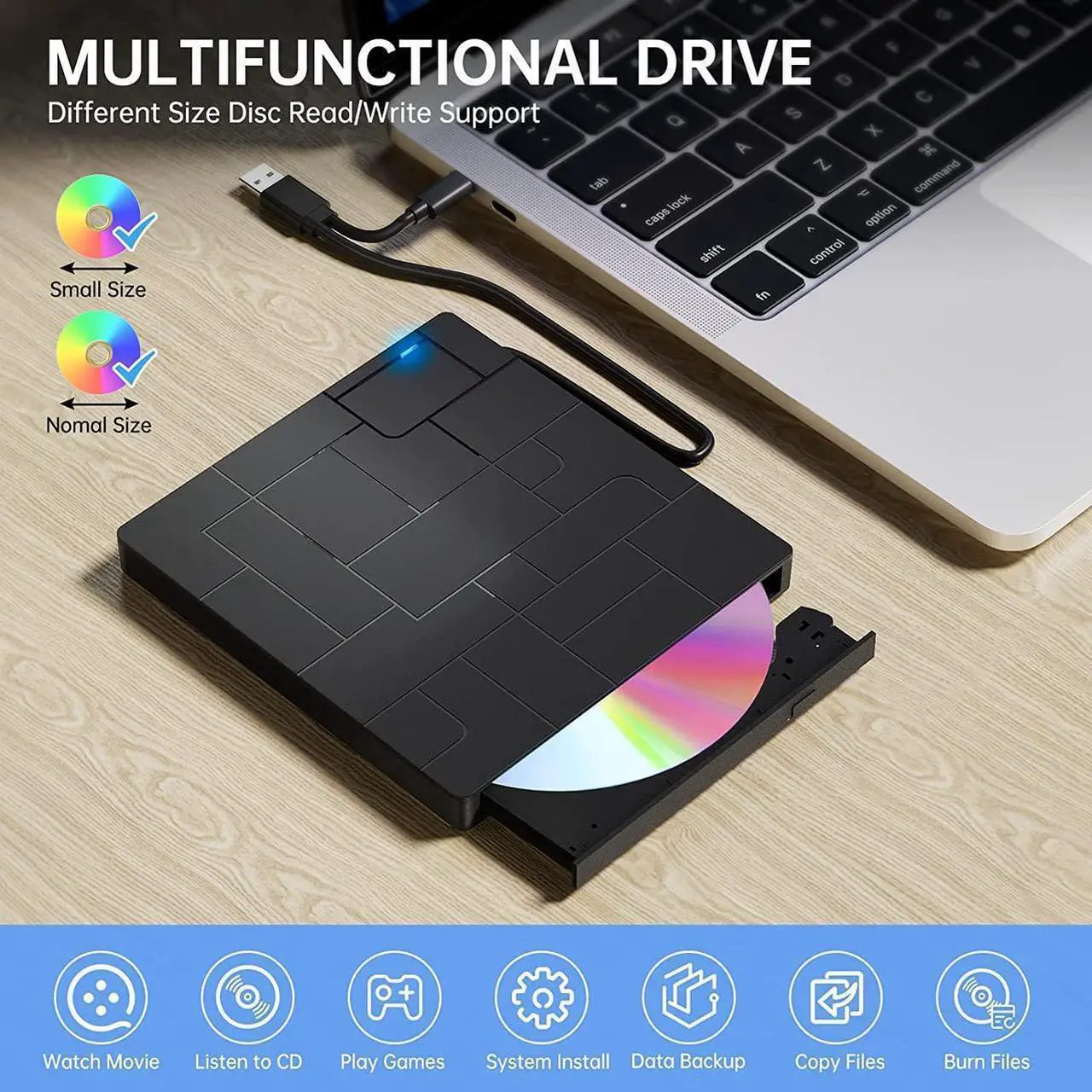 Alt view image 2 of 7 - External CD DVD Drive, USB 3.0 & USB C High Speed Data Transfer Ultra Slim Portable DVD-ROM CD-RW Player, 6-in1 External CD DVD Burner for Laptop with 4 USB Ports, SD/TF Card Slots,1 Type-C Ports