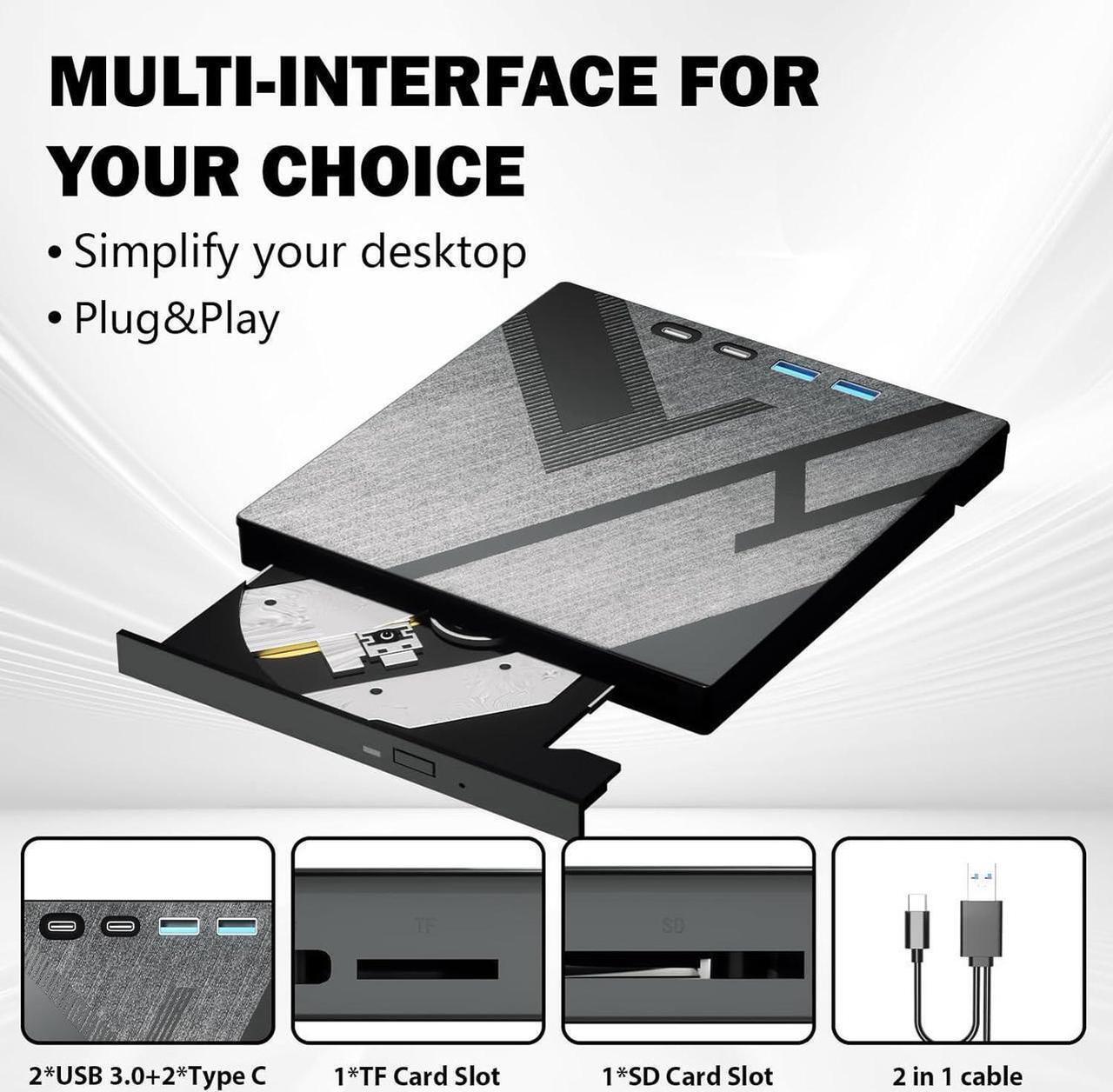 Alt view image 5 of 6 - 7 in 1 External DVD Drive, External CD/DVD Drive for Laptop with 4 USB & SD/TF Port, CD Burner DVD Player DVD Burner USB 3.0/Type C, CD Rom Optical Drive CD Drive for PC Laptop Windows Linux