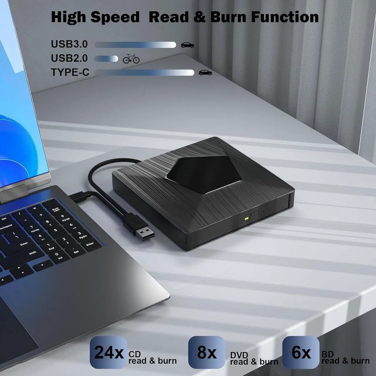 Alt view image 4 of 7 - External Blu Ray Drive, USB 3.0 & Type-C Blu Ray Burner, DVD+/-RW BD CD DVD Player, 3D Portable Blu Ray Player, External Optical Drive for Windows XP/7/8/10, MacOS, Laptop, Desktop