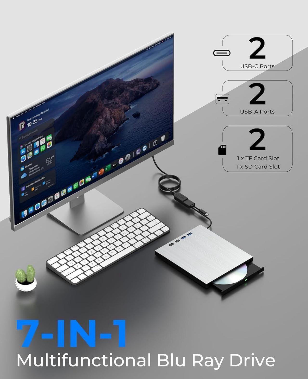 Alt view image 7 of 7 - External Blu ray Drive for Laptop, 7 in 1 External CD/DVD Drive Portable Blu Ray Burner USB 3.0 Type-C CD/BD Disc Drives Support 100G Bluray/DVD Drive Compatible with Windows Linux Mac OS