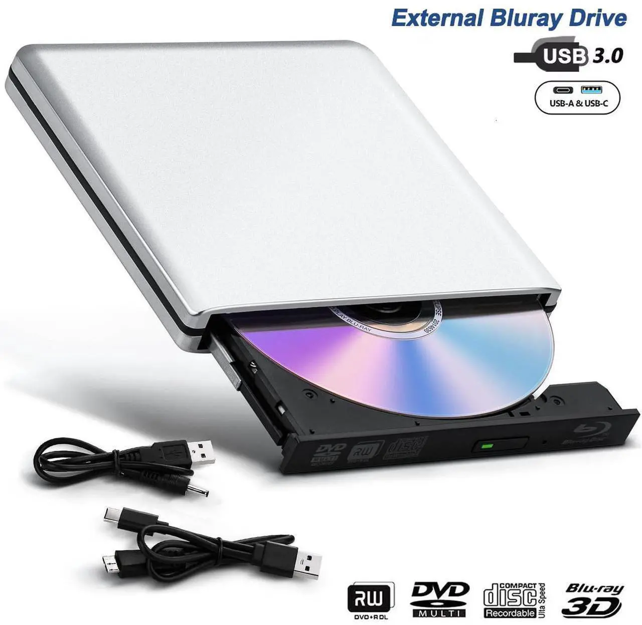 Main image of Aluminum External Blu Ray Drive, Support 25G Disc Read/Write Bluray Drives, USB 3.0 and Type-C Portable 3D Blu-Ray BD DVD CD Burner for Laptop PC Compatible with Mac OS Windows XP/7/8/10/11