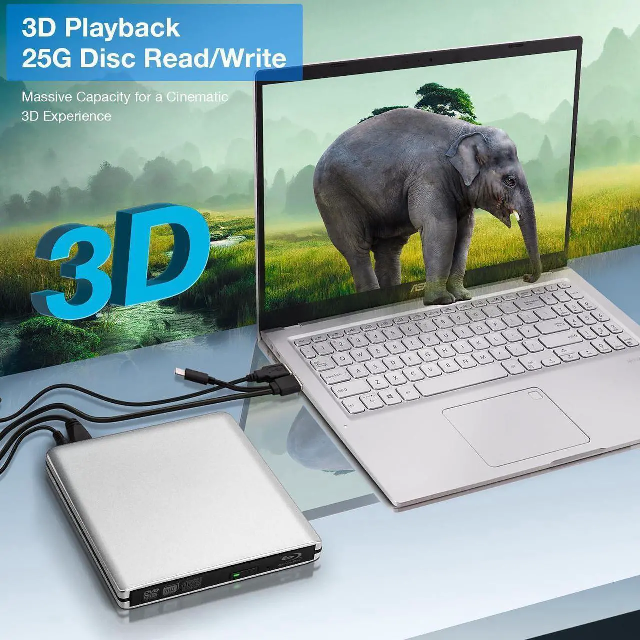 Alt view image 7 of 7 - Aluminum External Blu Ray Drive, Support 25G Disc Read/Write Bluray Drives, USB 3.0 and Type-C Portable 3D Blu-Ray BD DVD CD Burner for Laptop PC Compatible with Mac OS Windows XP/7/8/10/11