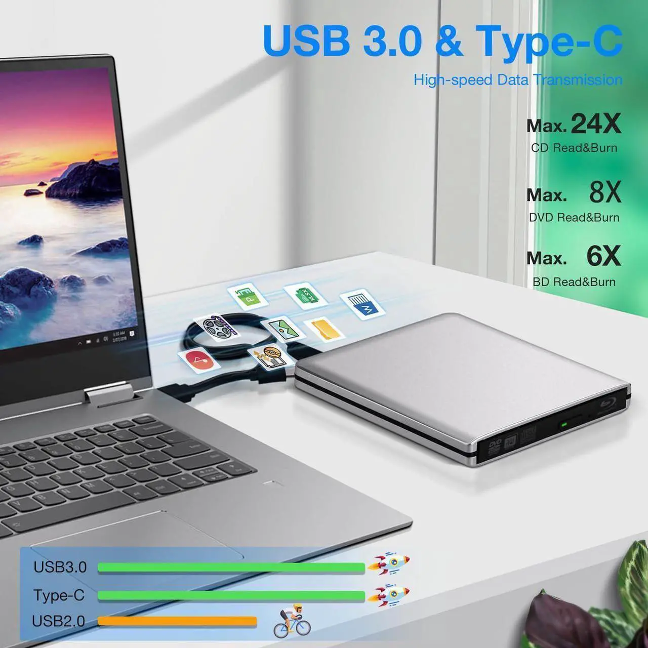 Alt view image 3 of 7 - Aluminum External Blu Ray Drive, Support 25G Disc Read/Write Bluray Drives, USB 3.0 and Type-C Portable 3D Blu-Ray BD DVD CD Burner for Laptop PC Compatible with Mac OS Windows XP/7/8/10/11