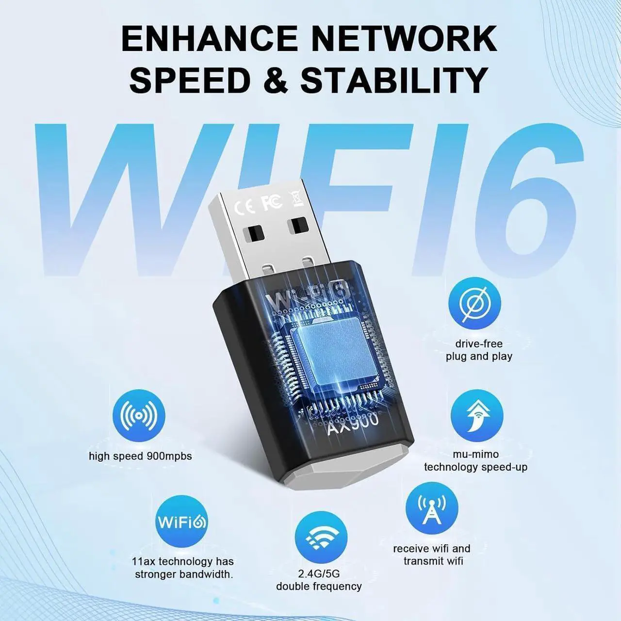 Alt view image 2 of 7 - USB WiFi Adapter for Desktop PC, WiFi 6 AX900 Dual Band 2.4G/5GHz USB Wireless Adapter, WiFi Dongle for MU-MIMO, WPA3, 900Mbps WiFi Adapter Driver Free for PC/Desktop/Laptop Win7/10/11