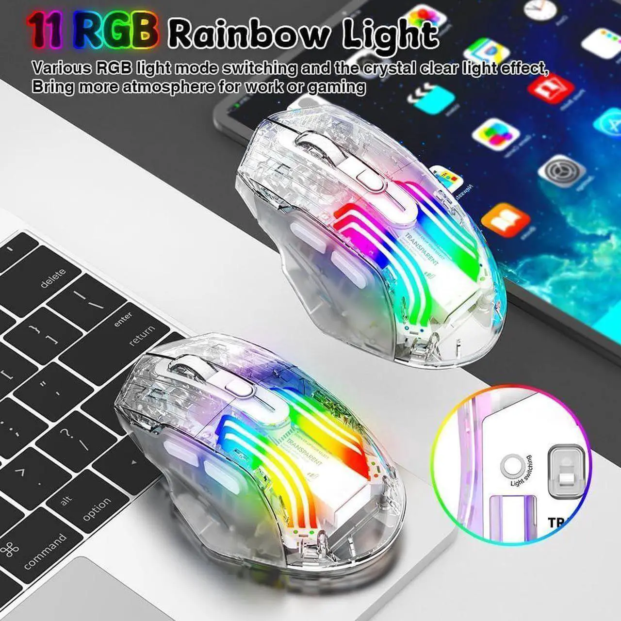Alt view image 6 of 7 - Wireless Gaming Mouse, Tri-Mode 2.4G/USB-C Wired/Bluetooth Mouse, Rechargeable Computer Mice with 5 DPI Levels, 6 Buttons, 11 RGB Lights, Ergonomic Gaming Mice for Laptop PC Mac-Transparent