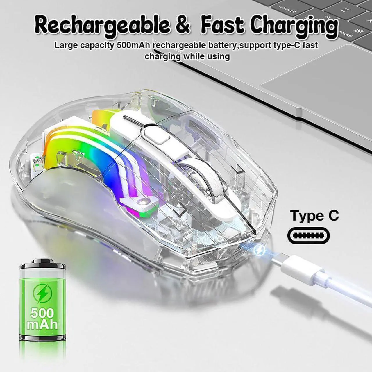 Alt view image 7 of 7 - Wireless Gaming Mouse, Tri-Mode 2.4G/USB-C Wired/Bluetooth Mouse, Rechargeable Computer Mice with 5 DPI Levels, 6 Buttons, 11 RGB Lights, Ergonomic Gaming Mice for Laptop PC Mac-Transparent