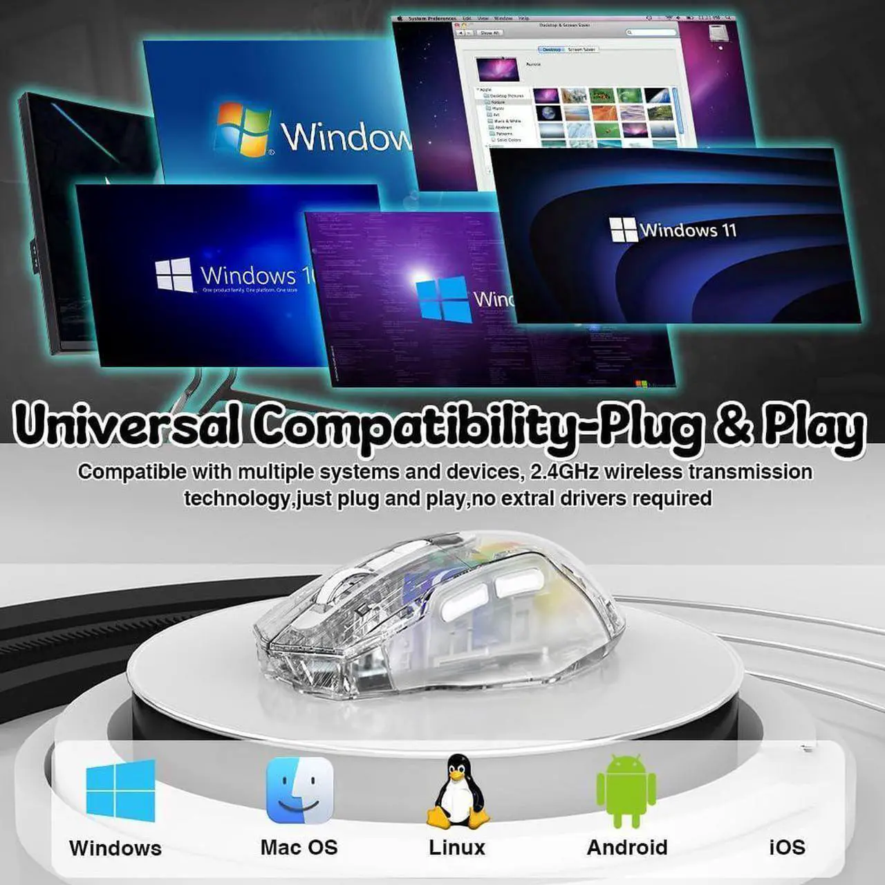 Alt view image 4 of 7 - Wireless Gaming Mouse, Tri-Mode 2.4G/USB-C Wired/Bluetooth Mouse, Rechargeable Computer Mice with 5 DPI Levels, 6 Buttons, 11 RGB Lights, Ergonomic Gaming Mice for Laptop PC Mac-Transparent