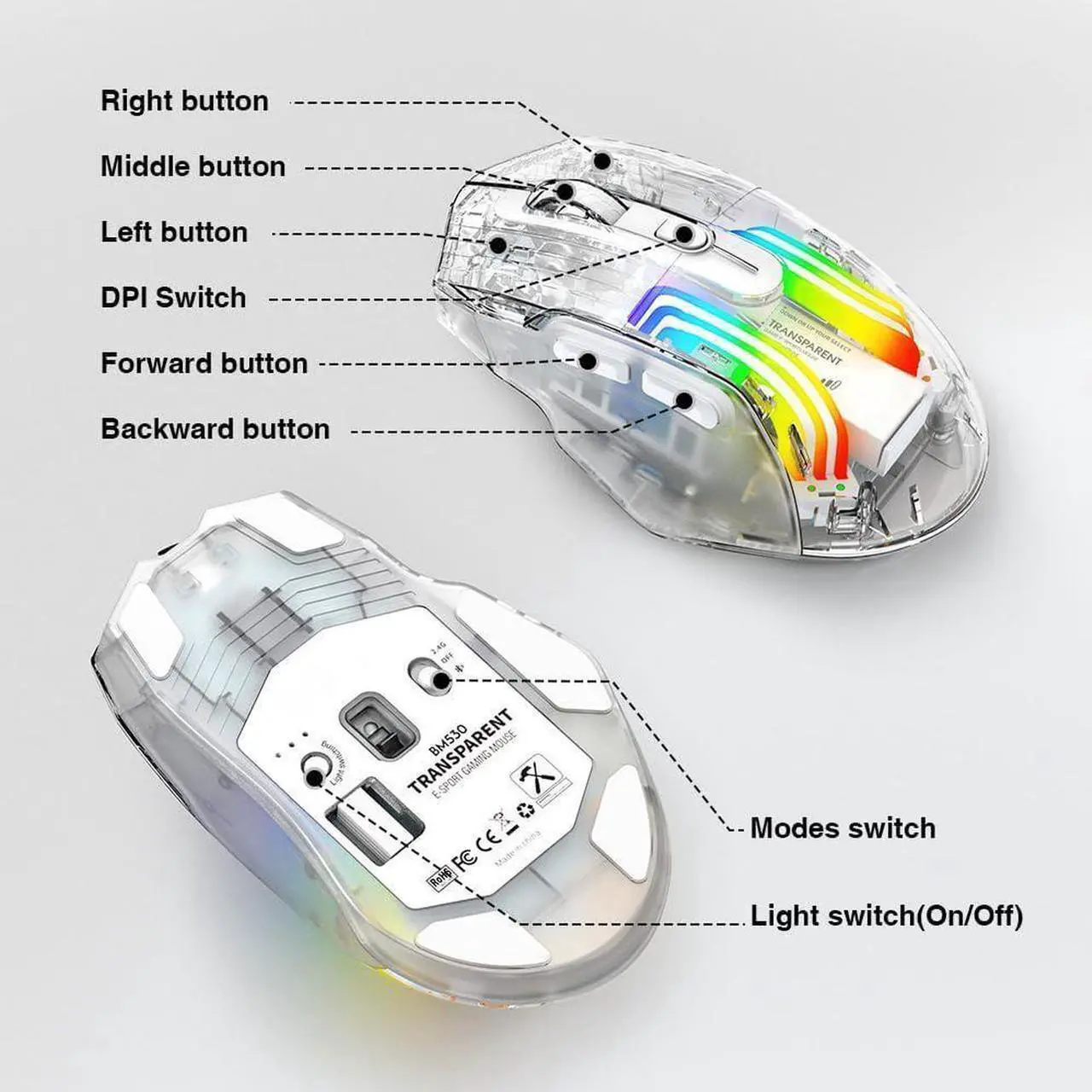 Alt view image 2 of 7 - Wireless Gaming Mouse, Tri-Mode 2.4G/USB-C Wired/Bluetooth Mouse, Rechargeable Computer Mice with 5 DPI Levels, 6 Buttons, 11 RGB Lights, Ergonomic Gaming Mice for Laptop PC Mac-Transparent