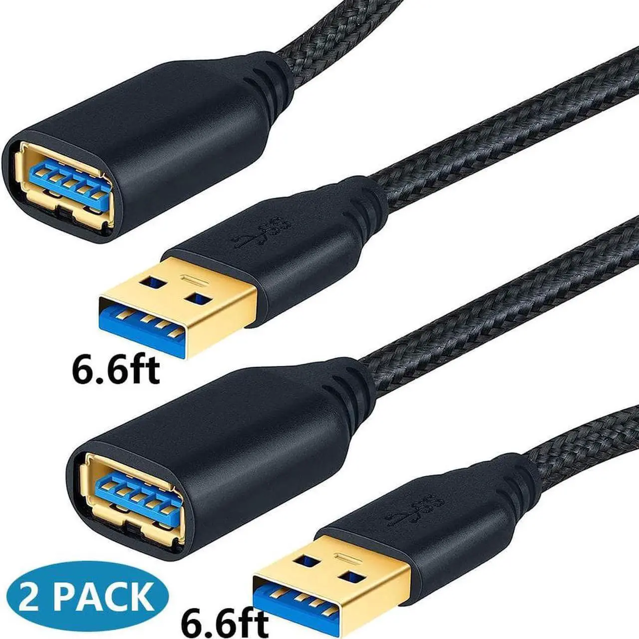 Main image of [2 PACK, 6.6ft] USB Extension Cable, USB 3.0 Extension Cable, USB Type A Male to Female Extender Cord, Nylon Braided Extender Cable with Gold-Plated Connector for USB Flash Drive/Hard Drive/Printer