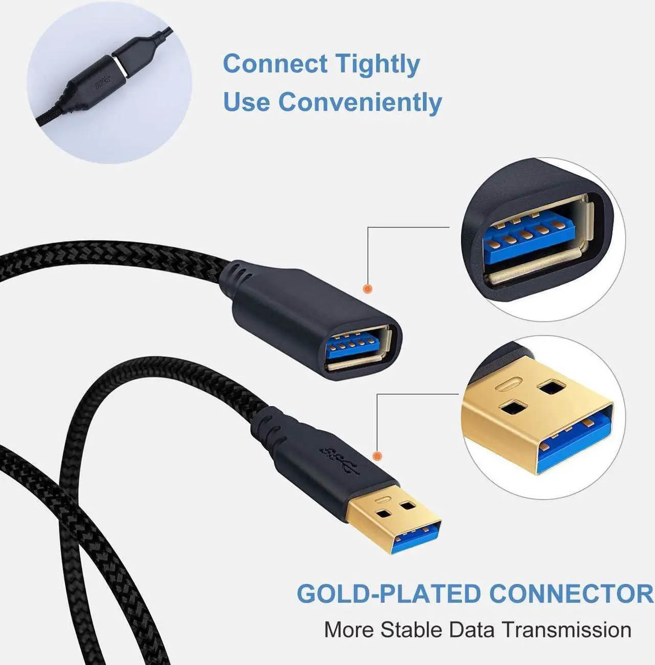 Alt view image 3 of 7 - [2 PACK, 6.6ft] USB Extension Cable, USB 3.0 Extension Cable, USB Type A Male to Female Extender Cord, Nylon Braided Extender Cable with Gold-Plated Connector for USB Flash Drive/Hard Drive/Printer