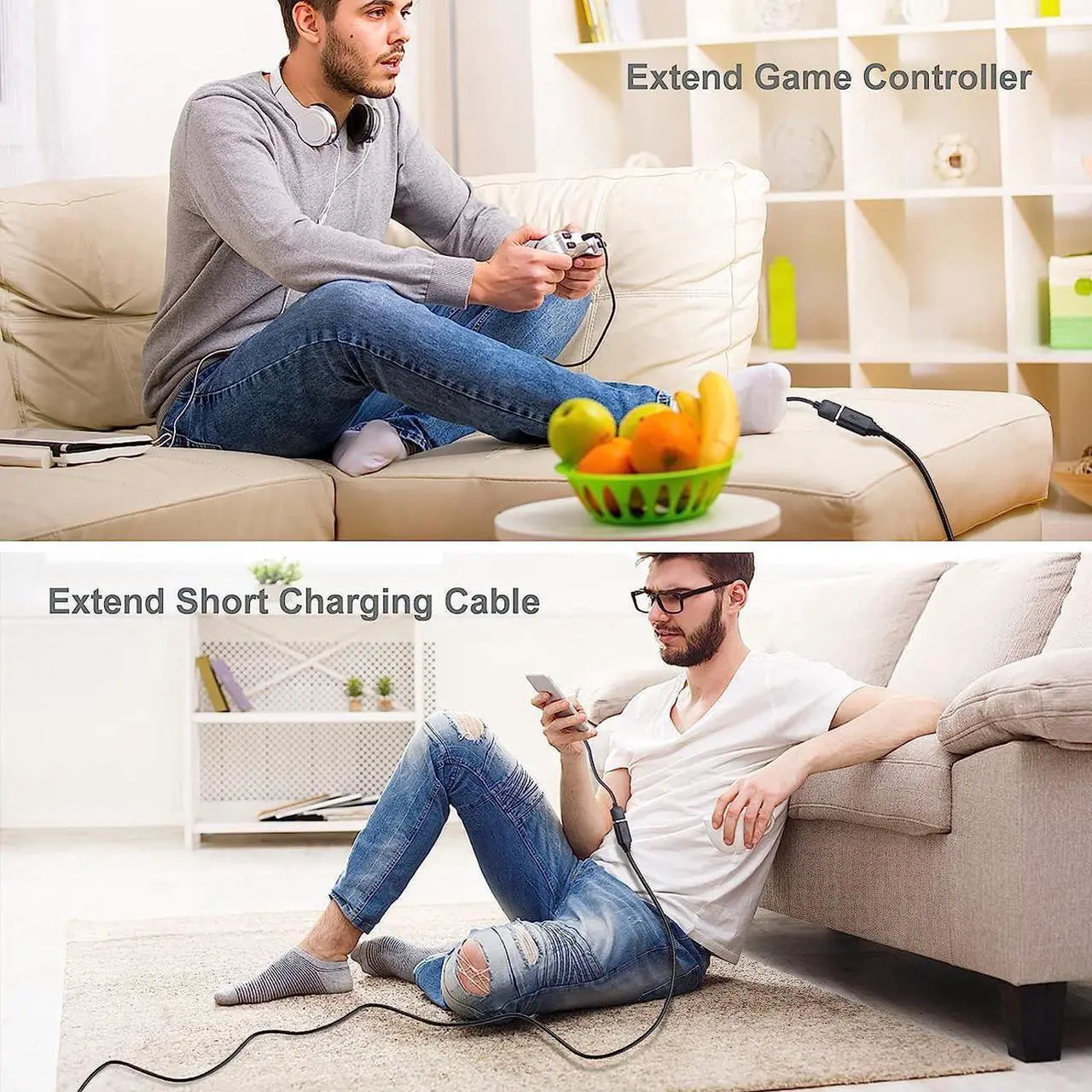 Alt view image 5 of 7 - [2 PACK, 6.6ft] USB Extension Cable, USB 3.0 Extension Cable, USB Type A Male to Female Extender Cord, Nylon Braided Extender Cable with Gold-Plated Connector for USB Flash Drive/Hard Drive/Printer