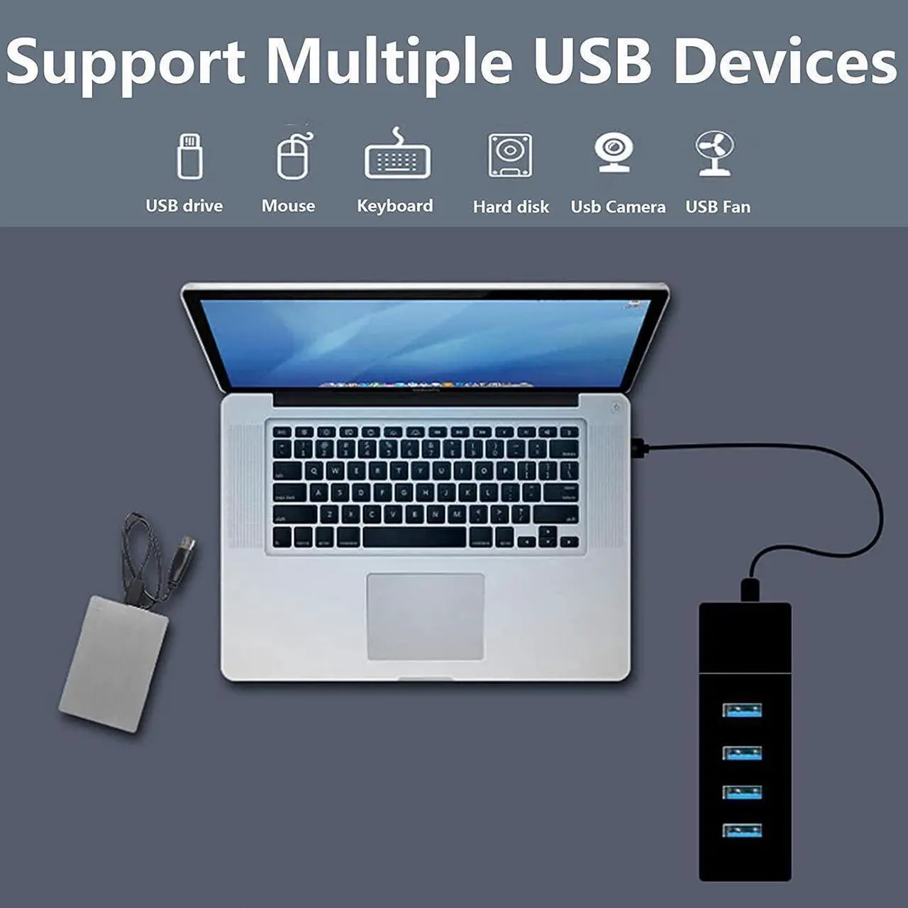Alt view image 5 of 7 - 4 Port USB3.0 USB Hub Adapter, Portable USB Hub, USB 3.0 Hub Multiport Adapter with LED Indicator for Keyboard &Mouse,Printer,USB Fan&Lamp,Camera,Flash Drives, Mobile Hard Disk, and More (Black)