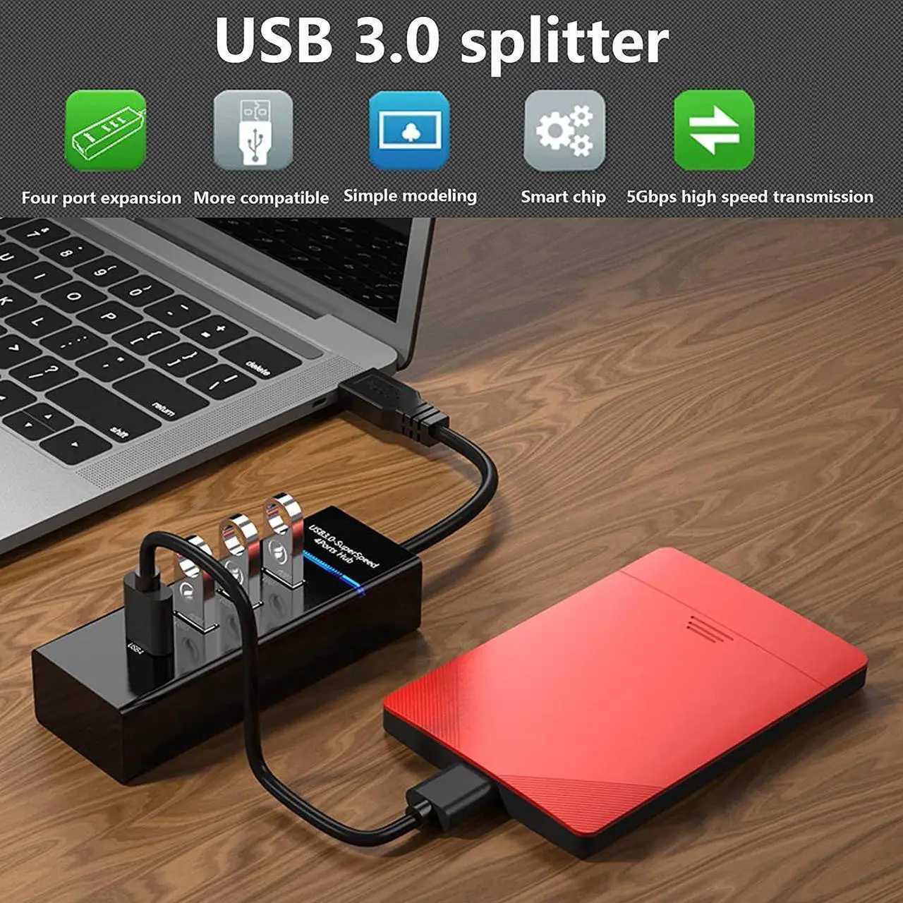 Alt view image 3 of 7 - 4 Port USB3.0 USB Hub Adapter, Portable USB Hub, USB 3.0 Hub Multiport Adapter with LED Indicator for Keyboard &Mouse,Printer,USB Fan&Lamp,Camera,Flash Drives, Mobile Hard Disk, and More (Black)