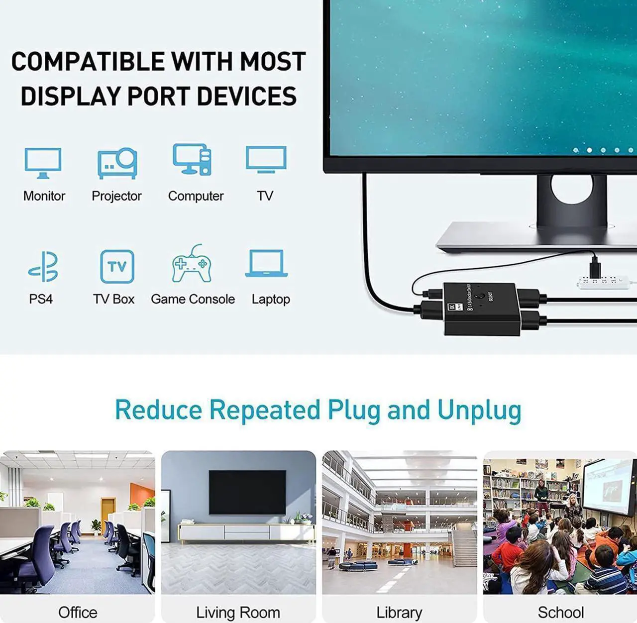 Alt view image 2 of 7 - DisplayPort Switch DP 1.4 Switcher 8K,DisplayPort 1.4 Switch 2 in 1 Out Bi-Directional 8K@30Hz/4K@120Hz/1080P @ 240Hz DP KVM Splitter 1 in 2 Out(not Work simultaneously)