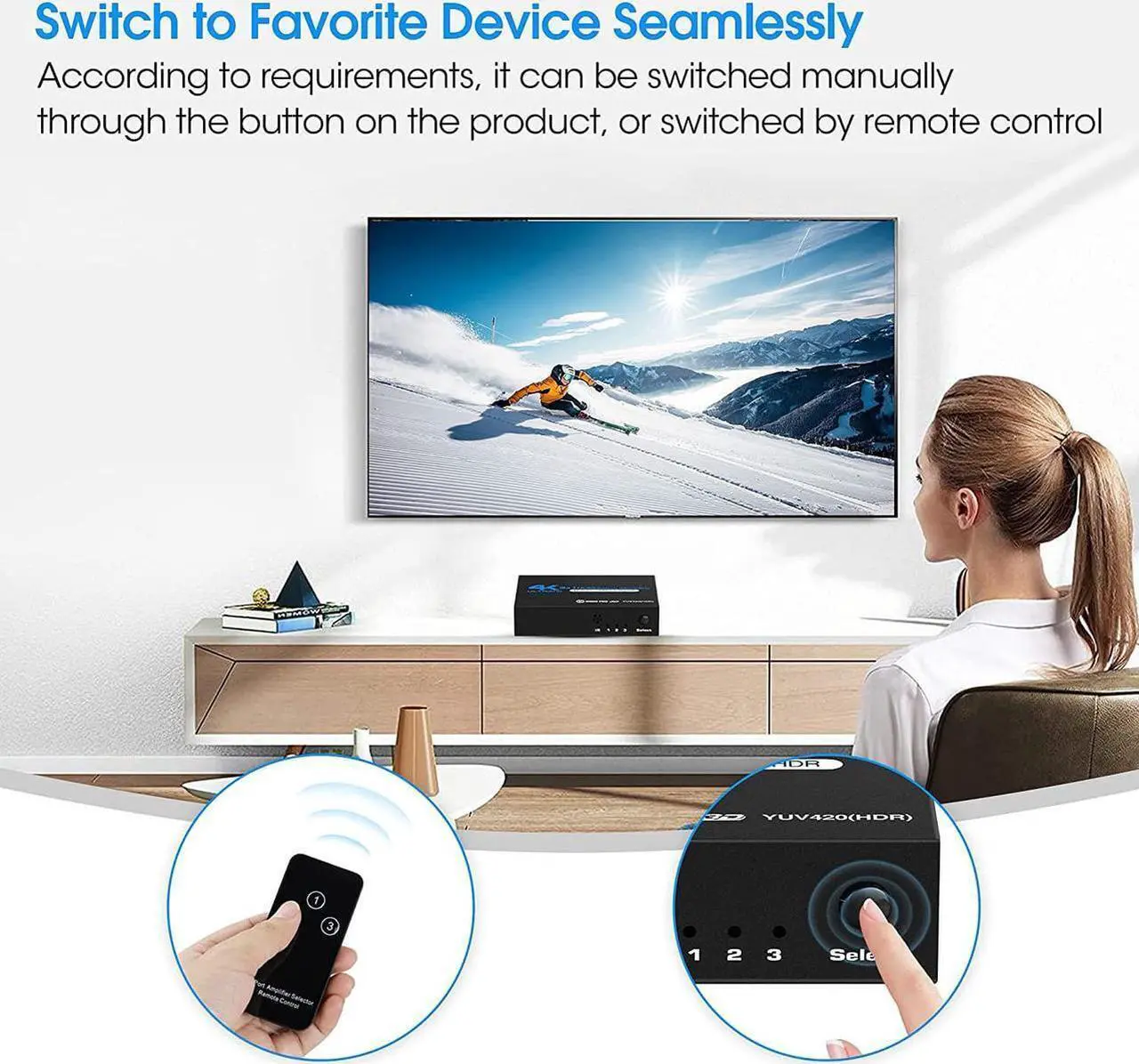 Alt view image 5 of 7 - 4K@60Hz HDMI Switch, HDMI Switch 3 in 1 Out with Remote Control, 3-Port HDMI Switcher Selector, Supports 4K, 3D, HDCP2.2, HDMI2.0, HDR, for Fire Stick, HDTV, PS4/5, Game Consoles, PC