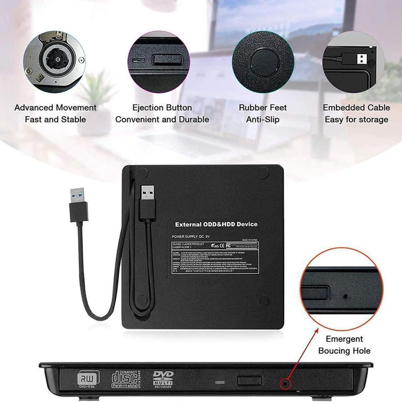 Alt view image 5 of 7 - External CD Drive, USB 3.0 Portable CD DVD Drive Slim CD DVD ROM Rewriter Burner Superdrive High Speed Data Transfer for Laptop Desktop MacBook PC Windows Linux Os Mac Os