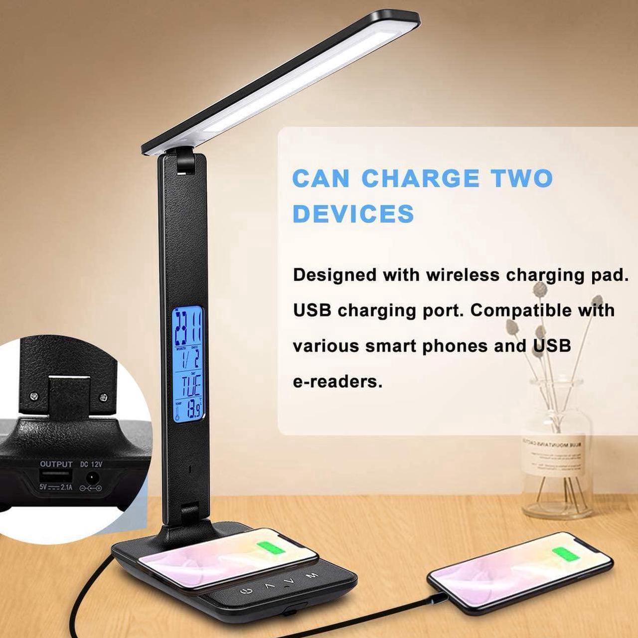 Alt view image 2 of 6 - LED Desk Lamp, Desk Lamp with Wireless Charger, Suitable for Home, Office Dimmable Desk Lamp, with USB Charging Port, Built-in Clock, Calendar, Thermometer and Automatic Timing Reading Desk Lamp