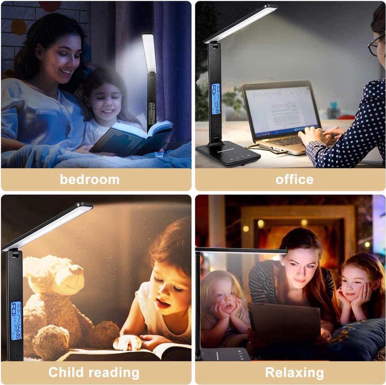 Alt view image 3 of 6 - LED Desk Lamp, Desk Lamp with Wireless Charger, Suitable for Home, Office Dimmable Desk Lamp, with USB Charging Port, Built-in Clock, Calendar, Thermometer and Automatic Timing Reading Desk Lamp