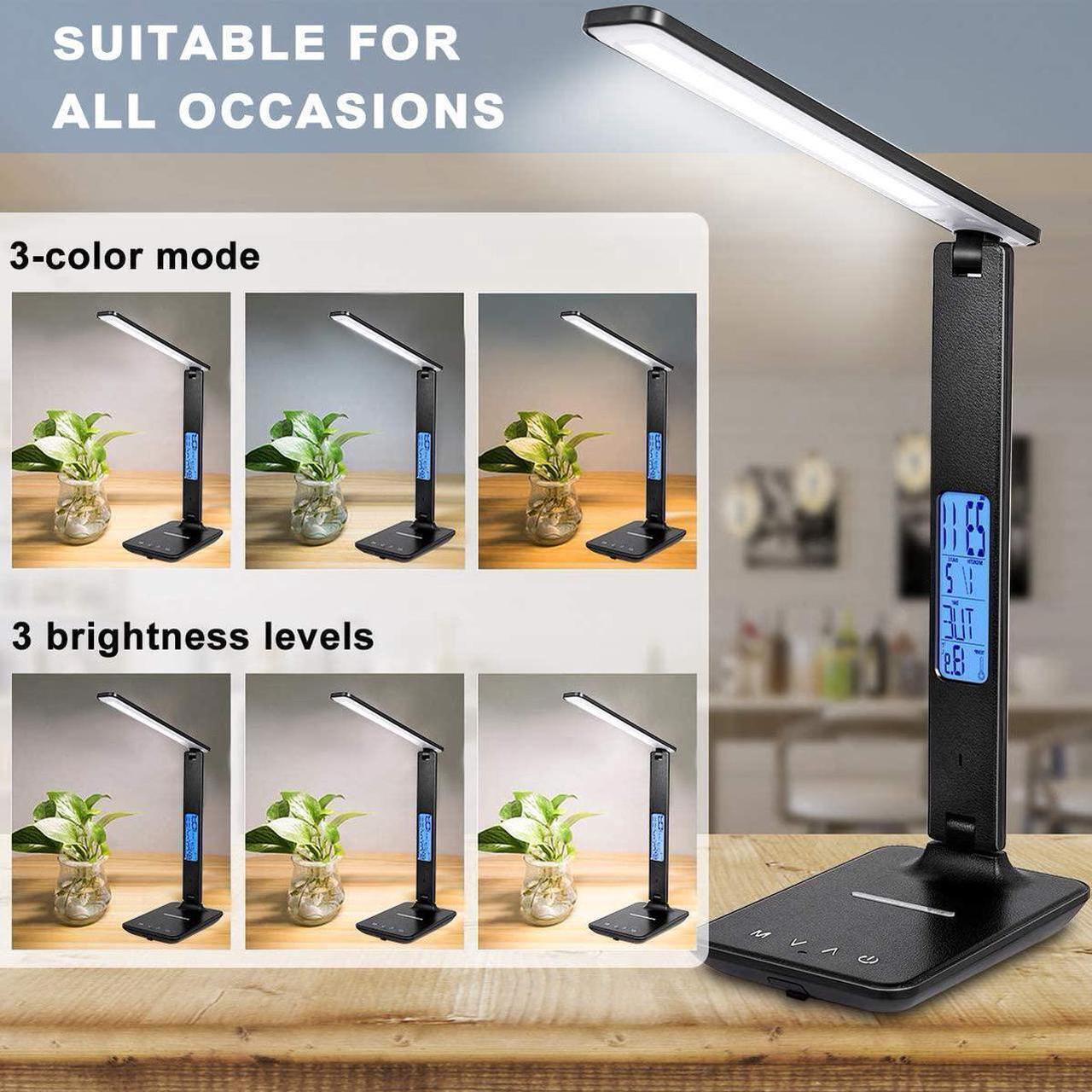 Alt view image 6 of 6 - LED Desk Lamp, Desk Lamp with Wireless Charger, Suitable for Home, Office Dimmable Desk Lamp, with USB Charging Port, Built-in Clock, Calendar, Thermometer and Automatic Timing Reading Desk Lamp