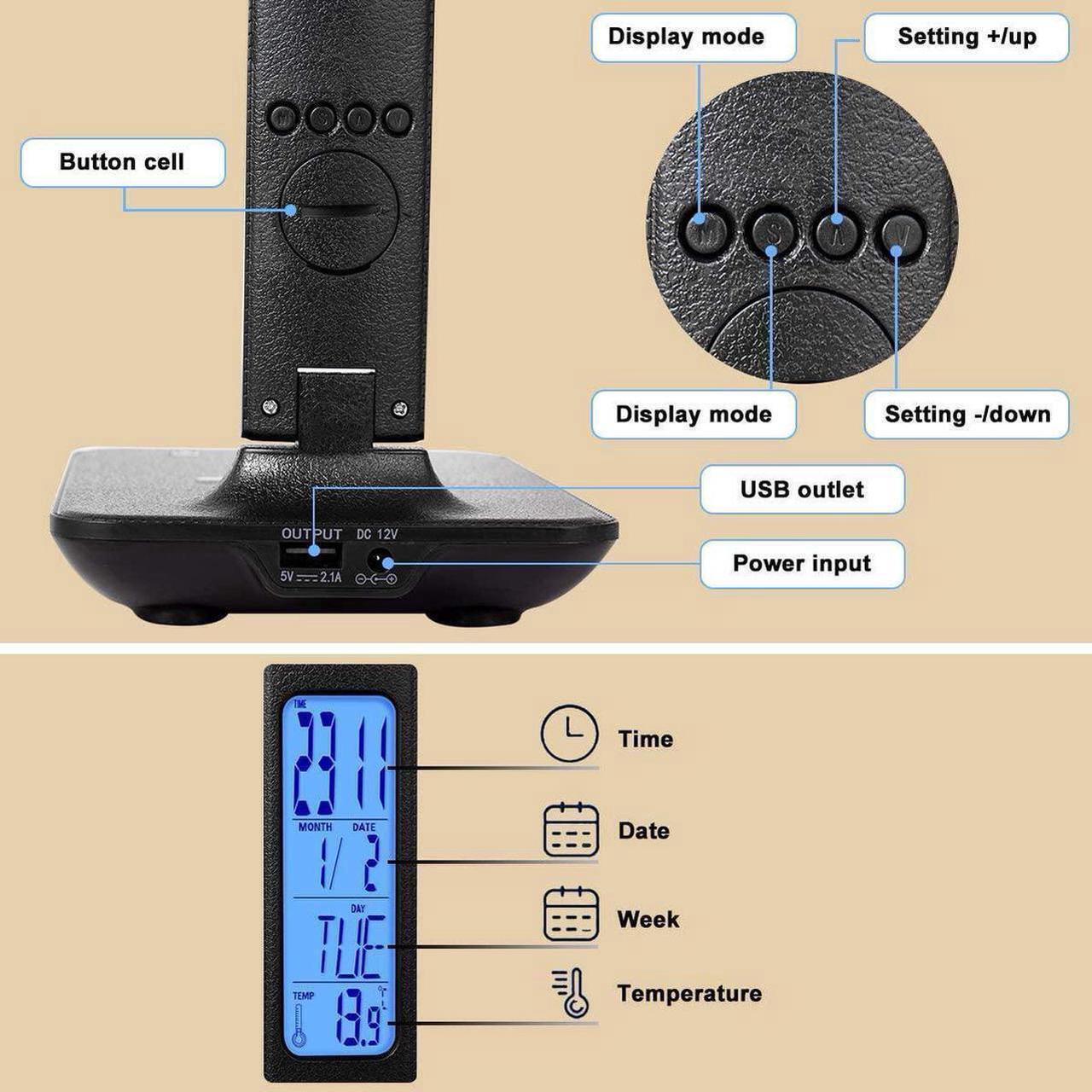 Alt view image 5 of 6 - LED Desk Lamp, Desk Lamp with Wireless Charger, Suitable for Home, Office Dimmable Desk Lamp, with USB Charging Port, Built-in Clock, Calendar, Thermometer and Automatic Timing Reading Desk Lamp