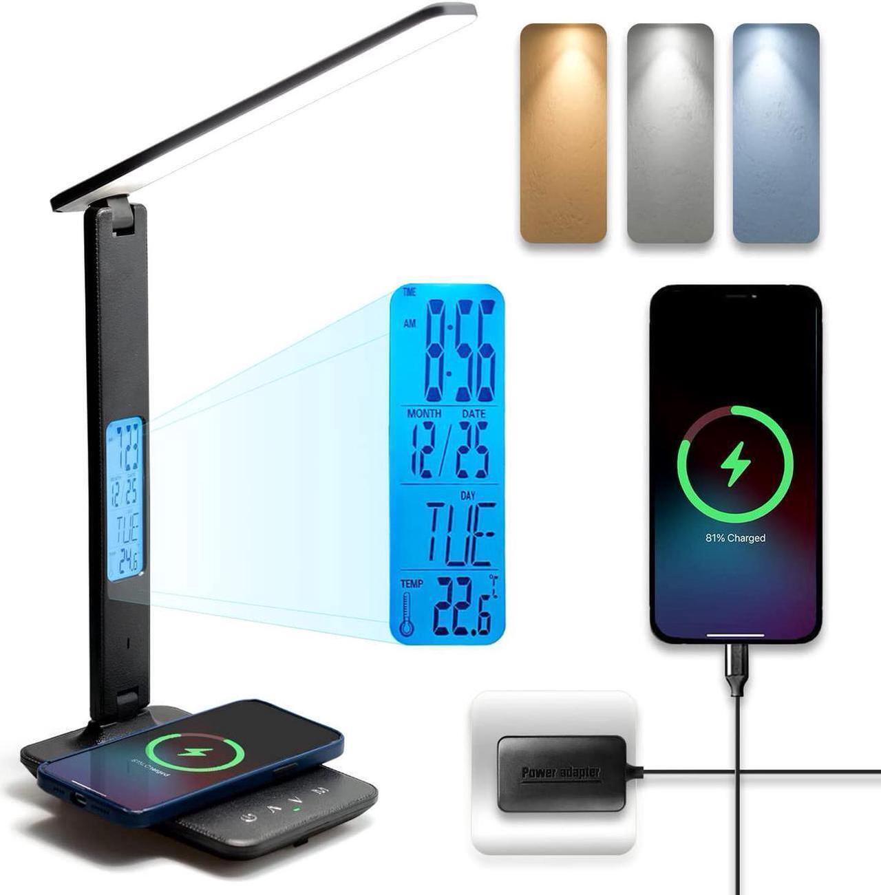 Main image of LED Desk Lamp, Desk Lamp with Wireless Charger, Suitable for Home, Office Dimmable Desk Lamp, with USB Charging Port, Built-in Clock, Calendar, Thermometer and Automatic Timing Reading Desk Lamp