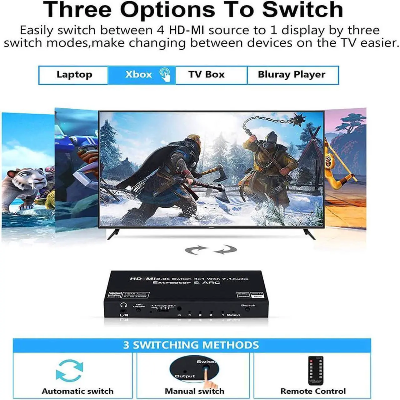 Alt view image 7 of 7 - 4x1 HDMI2.0b Audio Extractor 4K@60HZ HDMI SPDIF Converter 5.1 HDMI to HDMI to RCA Splitter Optic TOSLINK Switch Digital 7.1 HD-MI Adapter