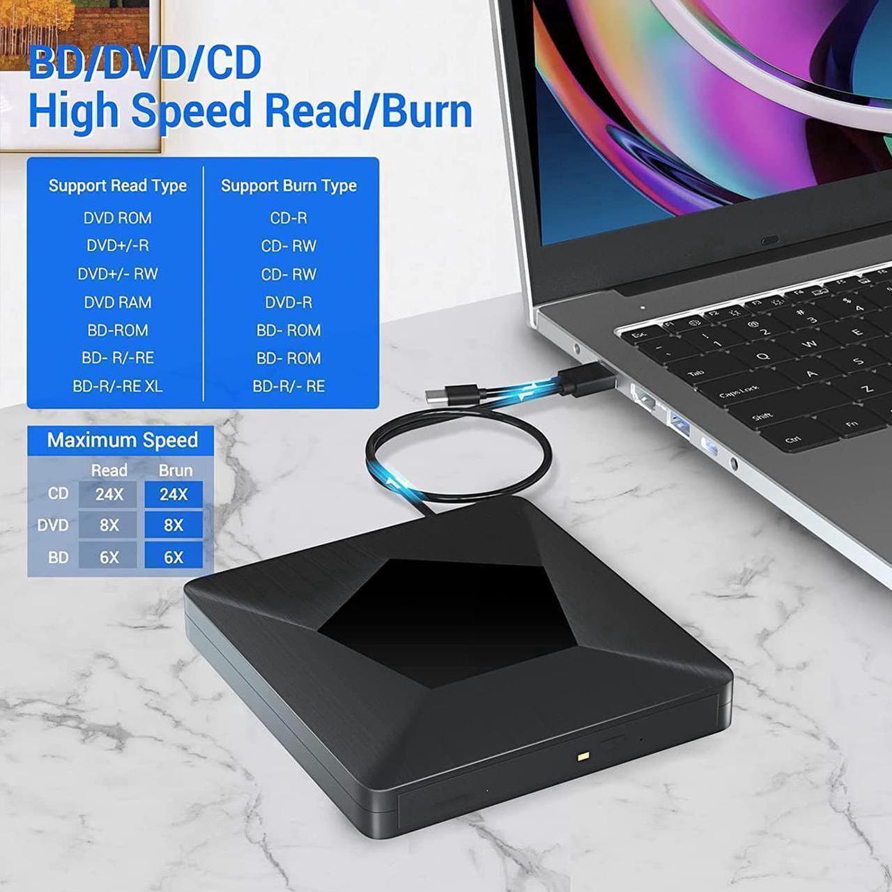 Alt view image 3 of 7 - External Bluray CD DVD Drive, Ultra Slim USB 3.0 and Type-C Portable Portable Slim CD DVD +/-RW Drive Player Burner, Blu-ray CD DVD Burner 3D Optical Blu-ray CD DVD Drive for Windows XP/7/8/10, MacOS