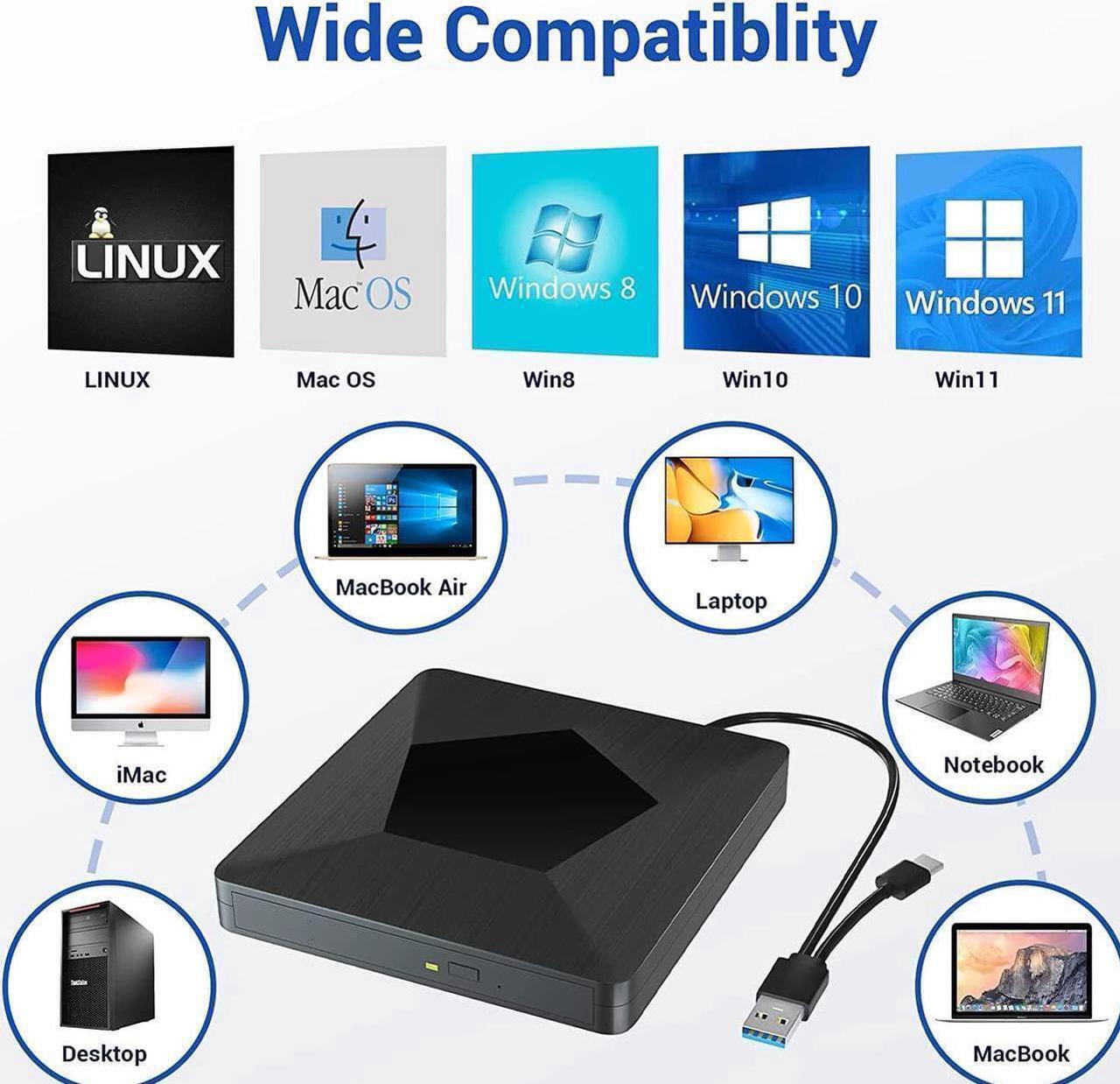 Alt view image 2 of 7 - External Bluray CD DVD Drive, Ultra Slim USB 3.0 and Type-C Portable Portable Slim CD DVD +/-RW Drive Player Burner, Blu-ray CD DVD Burner 3D Optical Blu-ray CD DVD Drive for Windows XP/7/8/10, MacOS