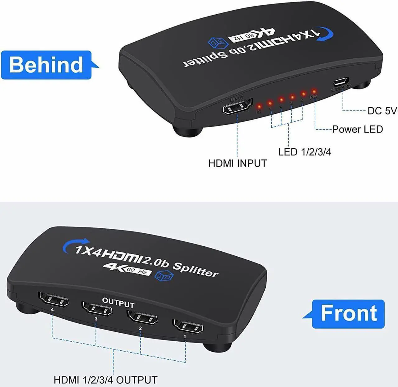 Alt view image 3 of 7 - 4K@60Hz HDMI Splitter 1 in 4 Out,Hdmi Video Splitter 1x4 V2.0b Powered, Support 1080P@120Hz Duplicate/Mirror Screen Monitor, Ultra HDR for Xbox, PS3/PS4 Game Consoles (1 Input to 4 Outputs)