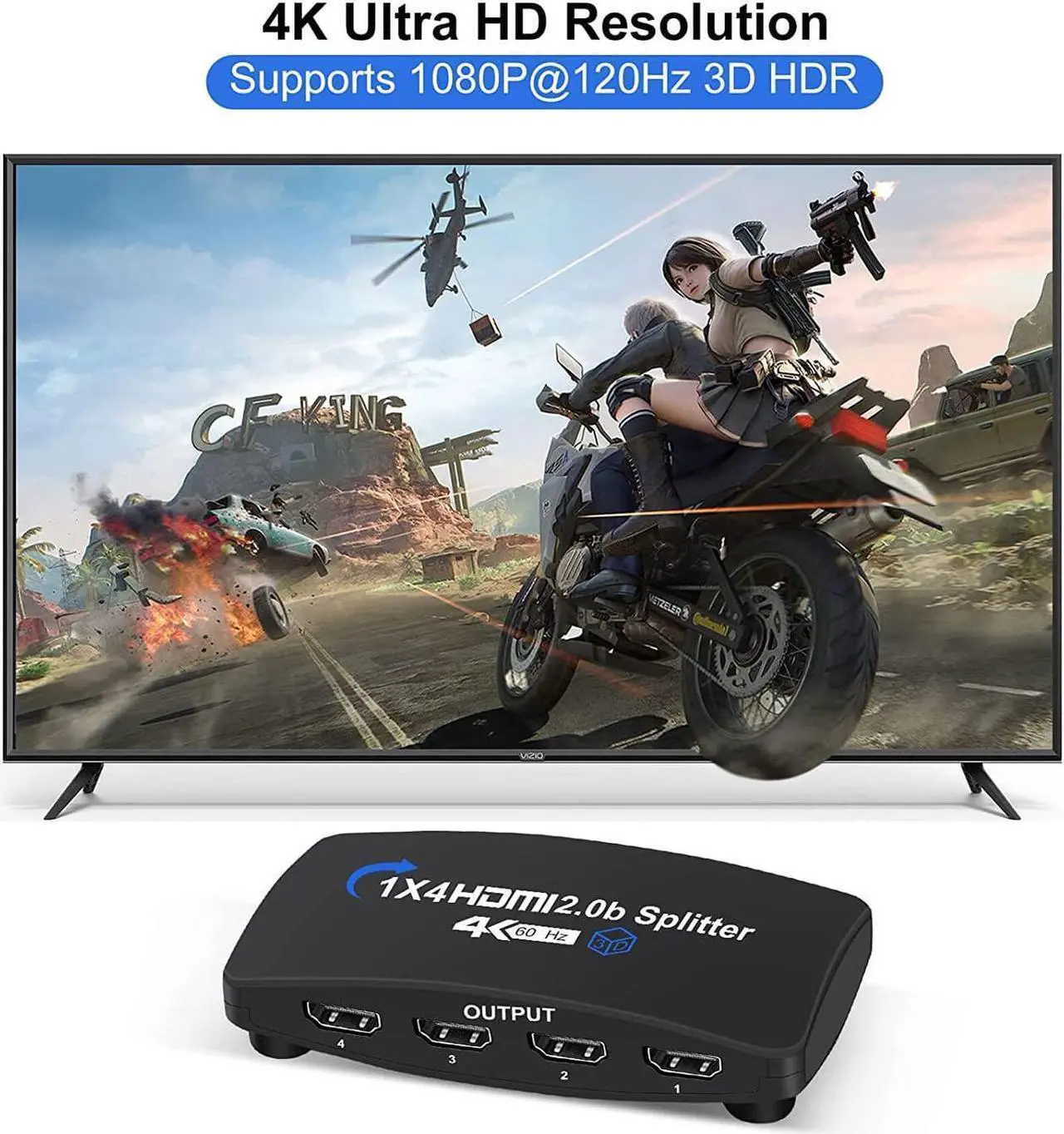 Alt view image 7 of 7 - 4K@60Hz HDMI Splitter 1 in 4 Out,Hdmi Video Splitter 1x4 V2.0b Powered, Support 1080P@120Hz Duplicate/Mirror Screen Monitor, Ultra HDR for Xbox, PS3/PS4 Game Consoles (1 Input to 4 Outputs)