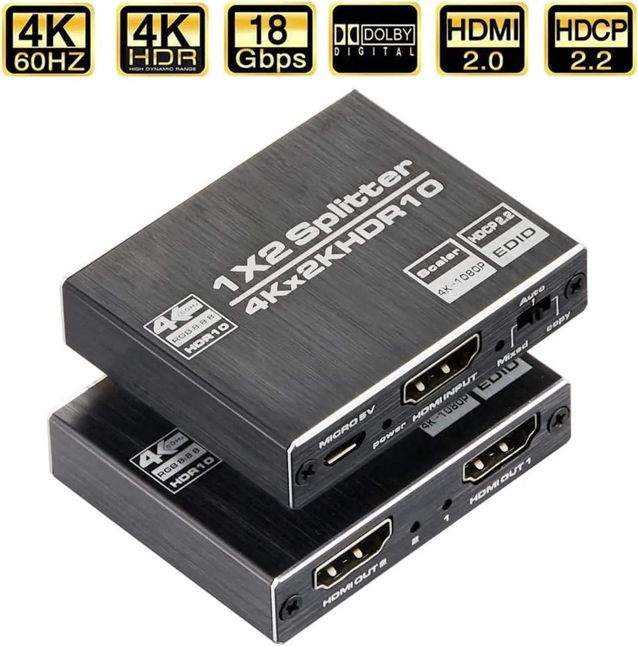 Main image of 4K@60Hz HDMI Splitter 1 in 2 Out, Aluminum HDMI Splitter for Dual Monitors Duplicate/Mirror with Same Image, 1x2 HDMI2.0b Splitter HDCP2.2 for Xbox, PS5, Roku (1 Source onto 2 Displays)