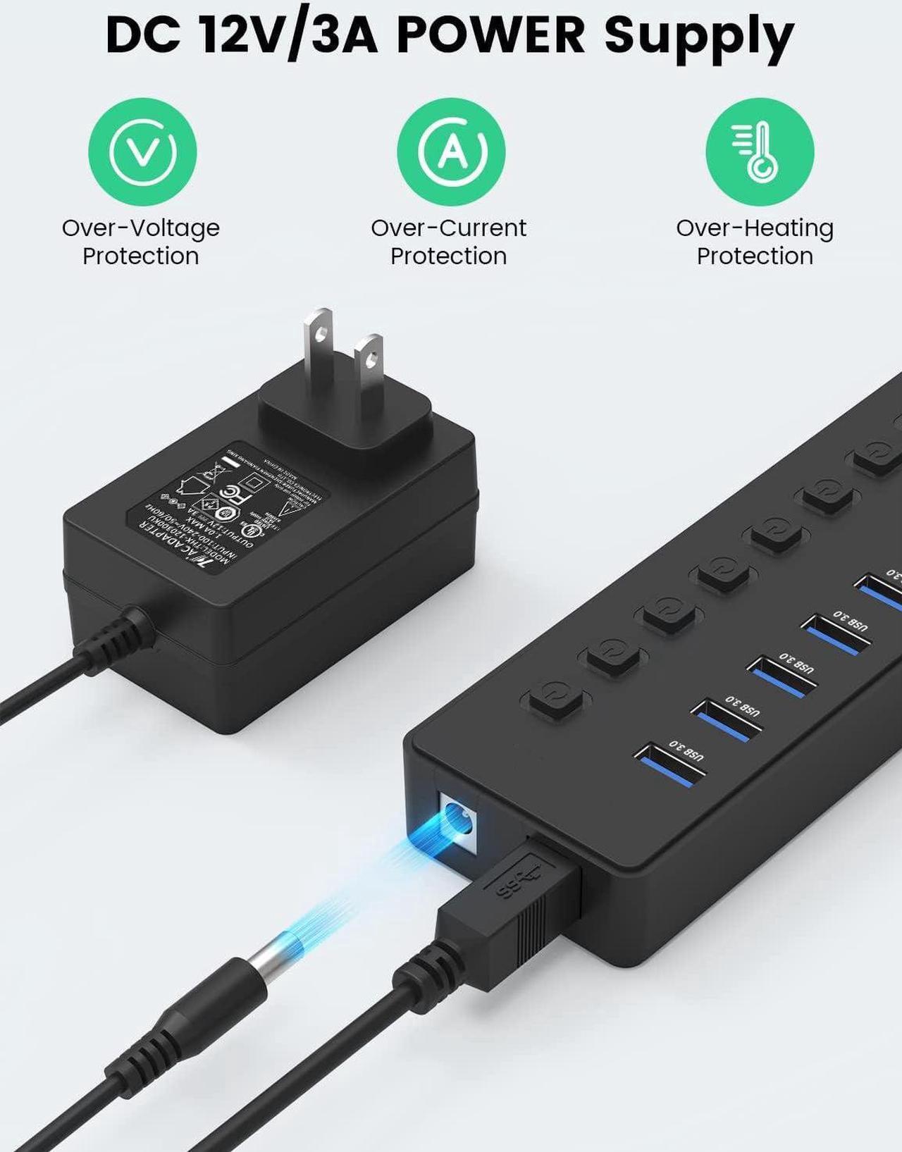 Alt view image 6 of 7 - Powered USB 3.0 Hub,  11-Port USB Hub Splitter (7 Faster Data Transfer Ports+ 4 Smart Charging Ports) with Individual LED On/Off Switches, USB Hub 3.0 Powered with Power Adapter for Mac, PC
