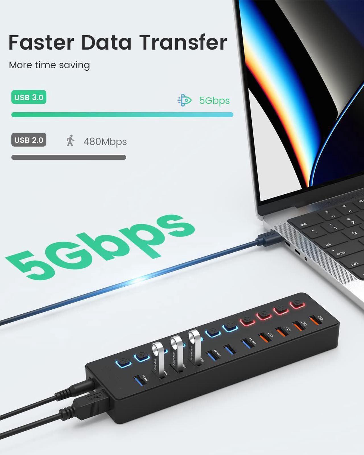 Alt view image 3 of 7 - Powered USB 3.0 Hub,  11-Port USB Hub Splitter (7 Faster Data Transfer Ports+ 4 Smart Charging Ports) with Individual LED On/Off Switches, USB Hub 3.0 Powered with Power Adapter for Mac, PC