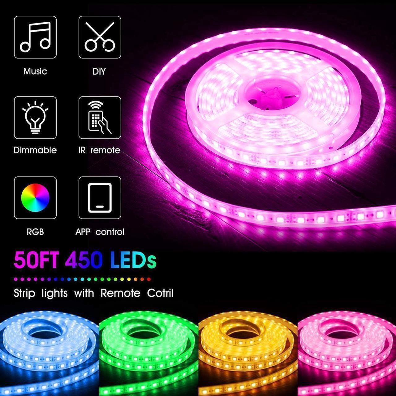 Alt view image 5 of 7 - 50ft/15M LED Strip Lights, HRDJ RGB LED Light Strip Music Sync RGB LED Strip,5050 SMD Color Changing LED Strip Light Bluetooth Controller + 24 Key Remote LED Lights for Bedroom Home Party
