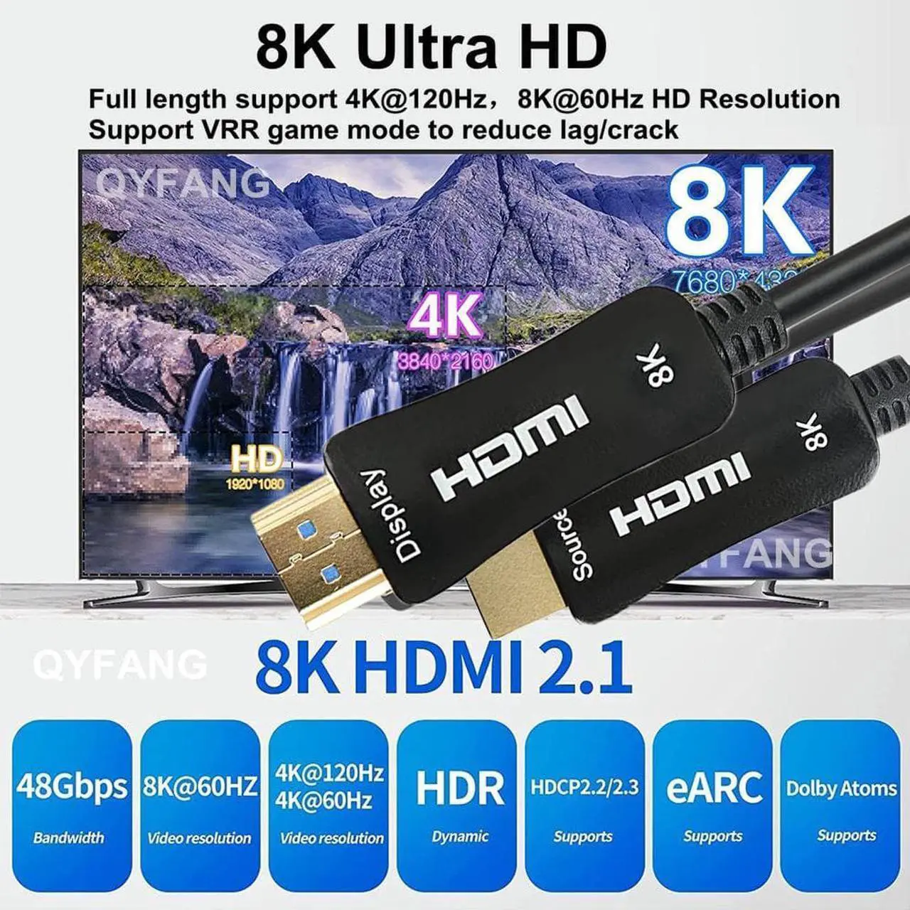 Alt view image 5 of 7 - 8K Fiber Optic HDMI Cable 30 Feet 48Gbps 8K60Hz 4K120Hz Dynamic HDR eARC HDCP2.2/2.3 Compatible with Nvidia RTX 3080/3090 Xbox Series X PS5 Denon AV Receiver LG Samsung Sony TV