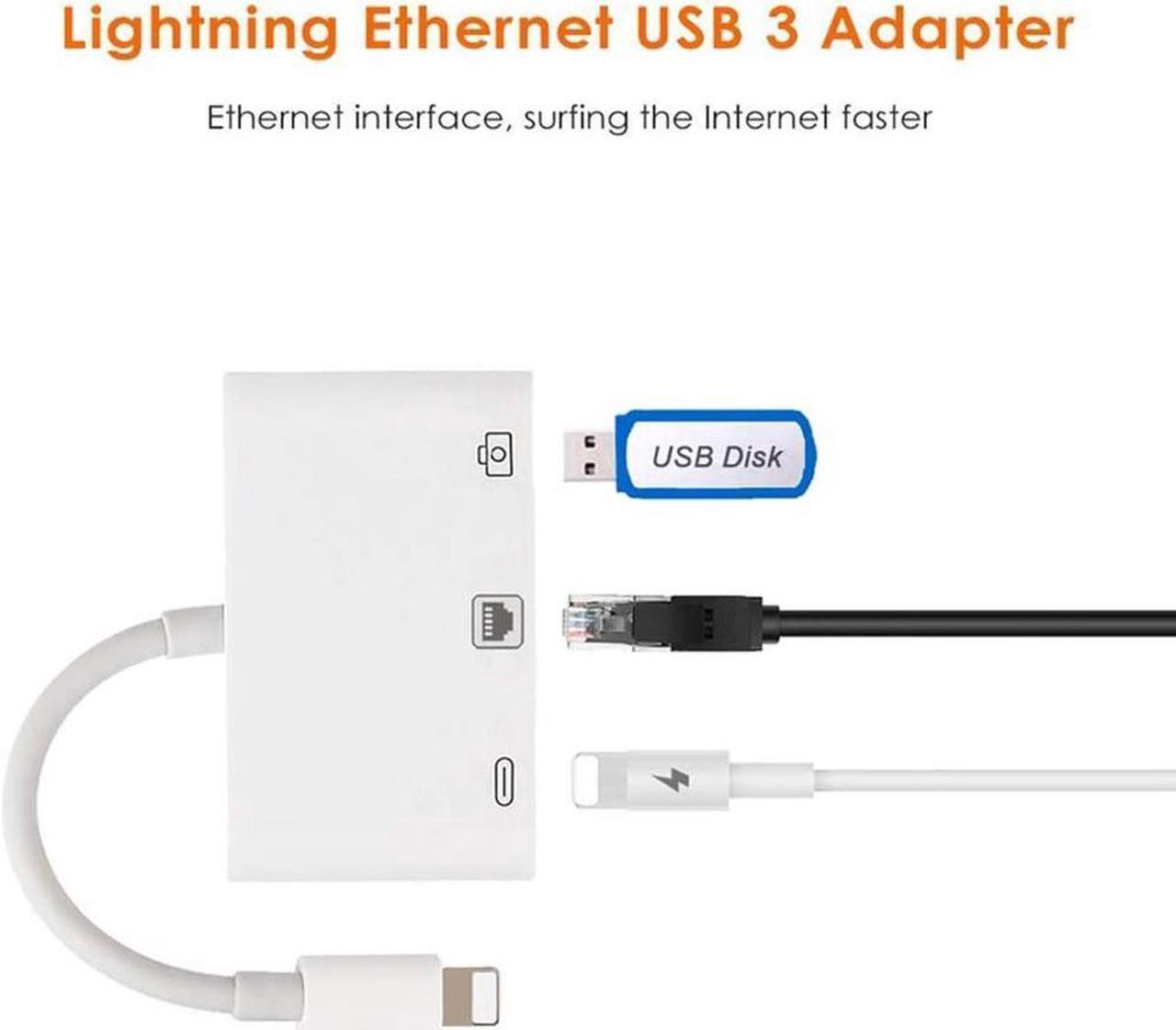 Alt view image 2 of 7 - 3 in 1 Lightning to RJ45 Ethernet LAN Wired Network Adapter, iPhone iPad to USB Camera Adapter Kit, Lightning to USB OTG Adapter Cable (White)