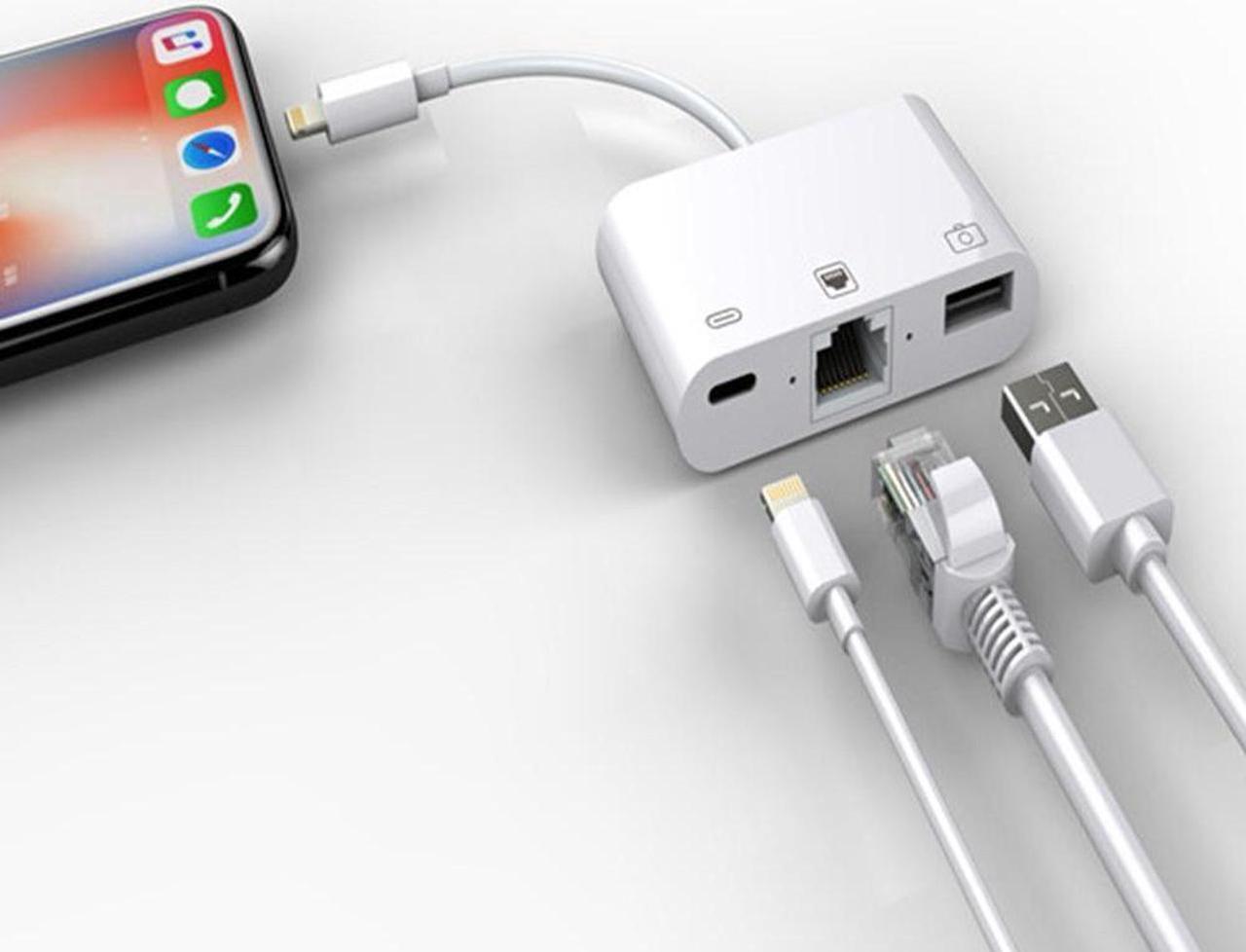 Alt view image 3 of 7 - 3 in 1 Lightning to RJ45 Ethernet LAN Wired Network Adapter, iPhone iPad to USB Camera Adapter Kit, Lightning to USB OTG Adapter Cable (White)