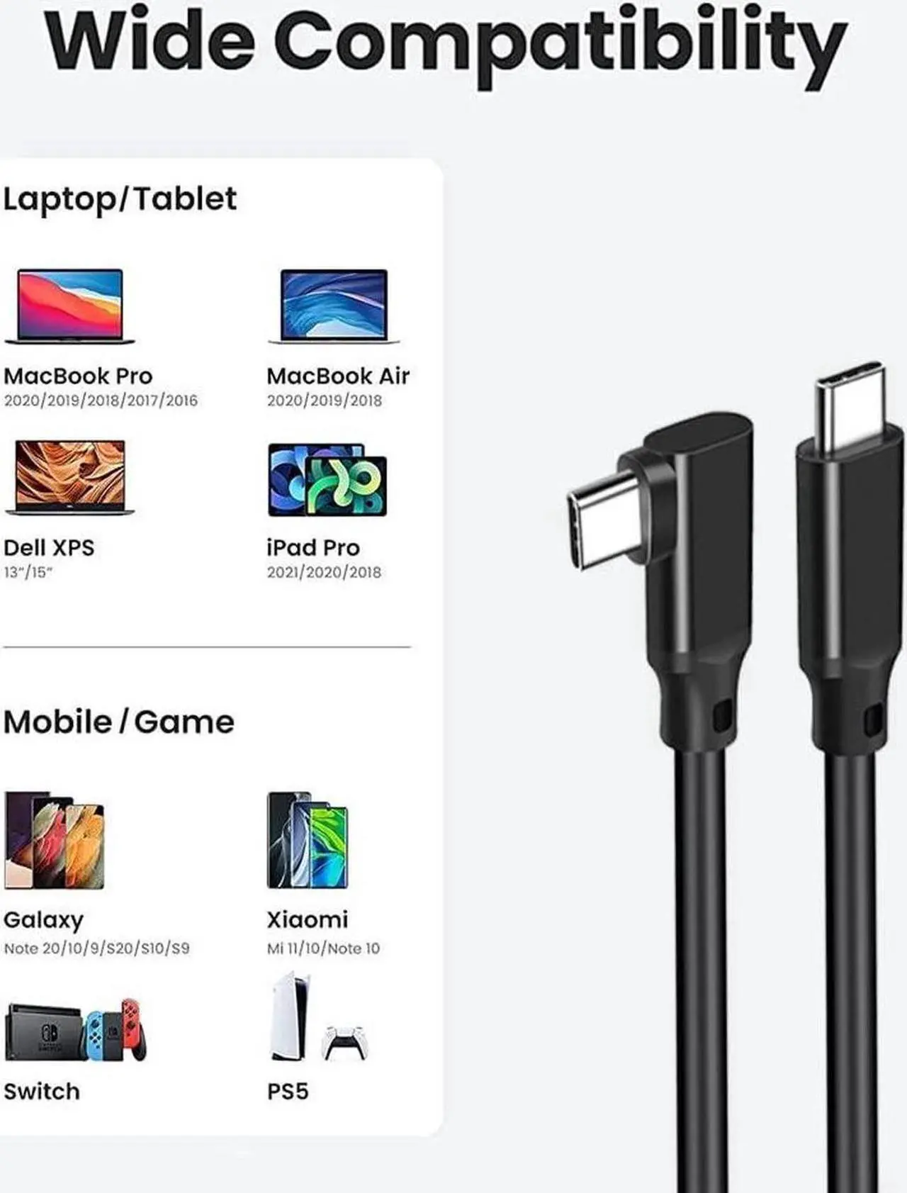 Alt view image 3 of 7 - USB C to USB C Cable 3.3FT/2Pack,Right Angle Type-C/USB C 3.2 Gen 2 20Gbps Cablee 4K@60Hz UHD Video Monitor Cable 100W PD Fast Charging Cable.for Oculus Quest, MacBook Pro,AR,Switch,Phone 15,Laptops