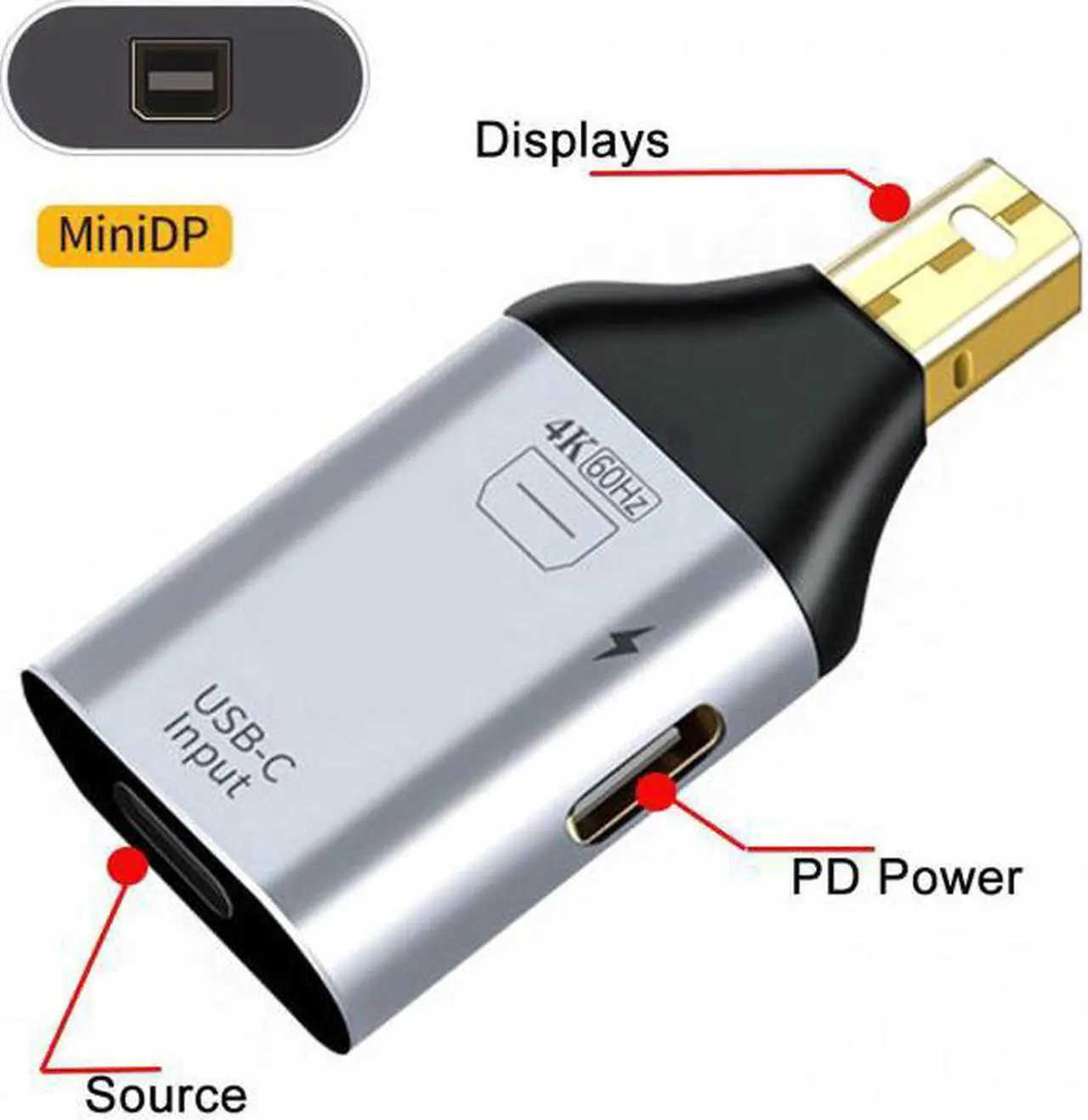 Alt view image 3 of 7 - Aomoproing USB-C Type C Female Source to Mini Displayport DP Sink HDTV & PD Power Adapter 4K 60hz 1080p for Phone & Laptop