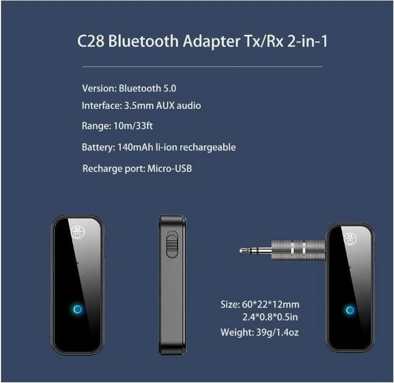 Alt view image 5 of 7 - Bluetooth 5.0 adapter with 3.5mm jack for auxiliary dongle, 2-in-1 wireless transmitter/receiver, suitable for TV audio, projectors, computers, headphones, cars
