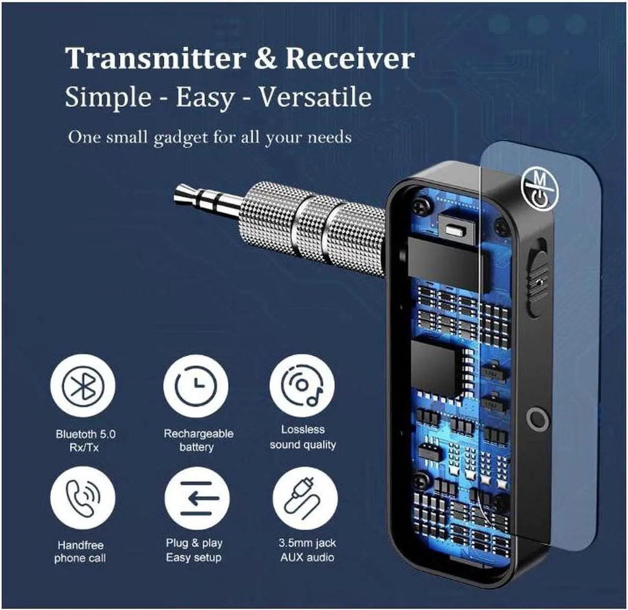 Alt view image 7 of 7 - Bluetooth 5.0 adapter with 3.5mm jack for auxiliary dongle, 2-in-1 wireless transmitter/receiver, suitable for TV audio, projectors, computers, headphones, cars