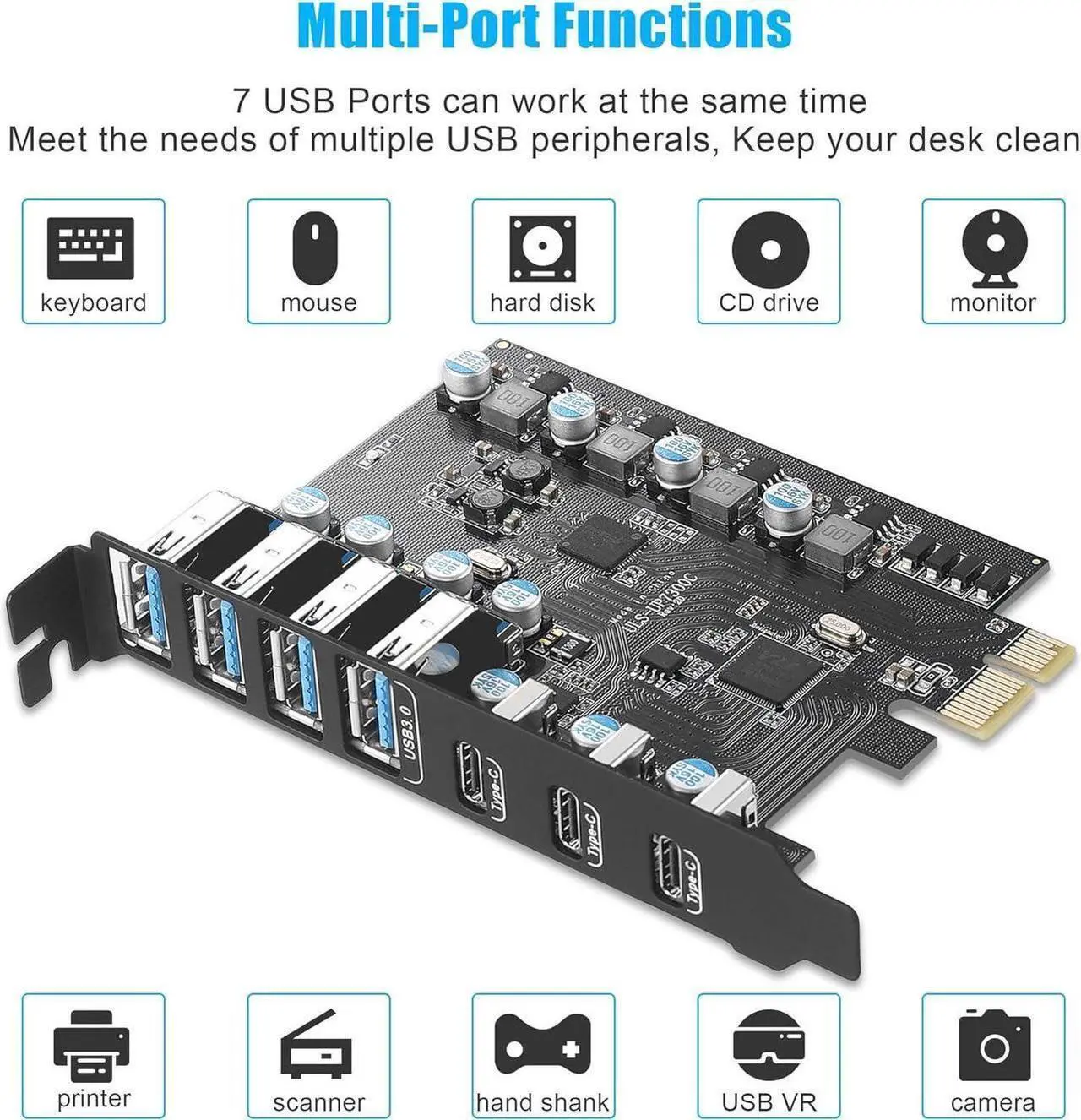 Alt view image 2 of 7 - Pcie USB Card Pcie USB 3.0, 7 Port Pcie Expansion Card 7 Ports USB 3.0 5Gbps High Speed Transmission Stable Power USB 3.0 Front Expansion Card- (3X USB C - 4X USB A)