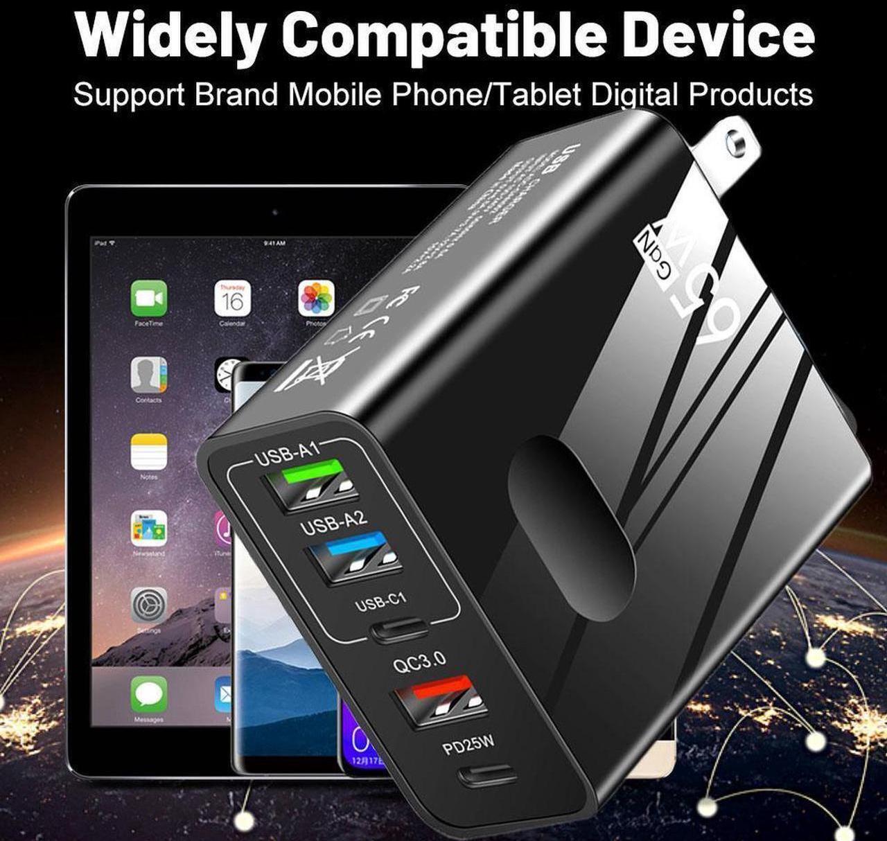 Alt view image 3 of 7 - 5-Port 65W USB-C PD Laptop Charger Power Adapter Compatible with MacBook Pro/Air, iPad Pro, iPhone 14 Pro, Galaxy Tab S8, S23, Dell XPS 13- Black