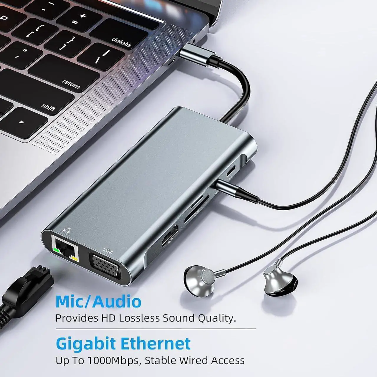 Alt view image 2 of 7 - USB HUB, 11 in 1 USB-C Adapter Docking Station, with 4K HDMI, VGA, 1000M RJ45, USB C, 3*USB 3.0 Ports, 100W PD, 3.5mm Aux Ports Adapter Type C Laptops Dock Dongle for MacBook Pro iPad