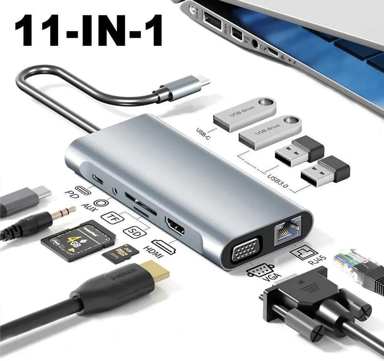 Main image of USB HUB, 11 in 1 USB-C Adapter Docking Station, with 4K HDMI, VGA, 1000M RJ45, USB C, 3*USB 3.0 Ports, 100W PD, 3.5mm Aux Ports Adapter Type C Laptops Dock Dongle for MacBook Pro iPad