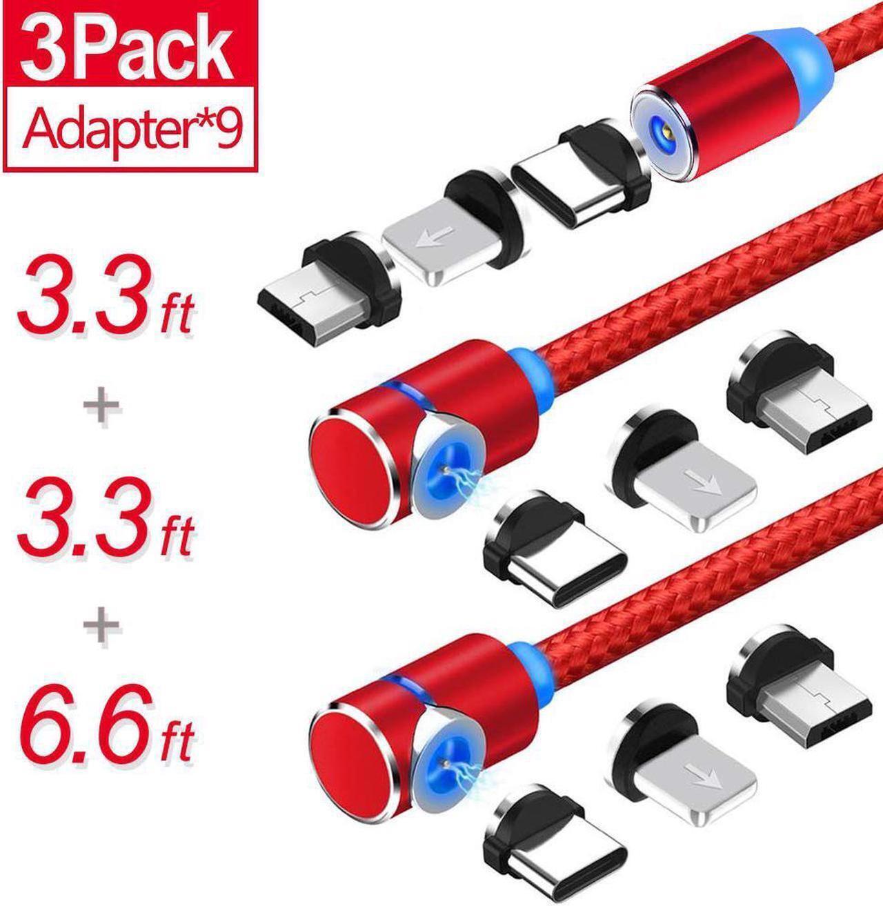 Main image of Magnetic Phone Charging Cable, 3 in 1 Cable(3 Pack,3.3 ft Straight Cable, 3.3 ft L Shape Cable, 6.6 ft L Shape Cable) for Android Phone,Multiple Charging Adapters.Fast Charge, Red